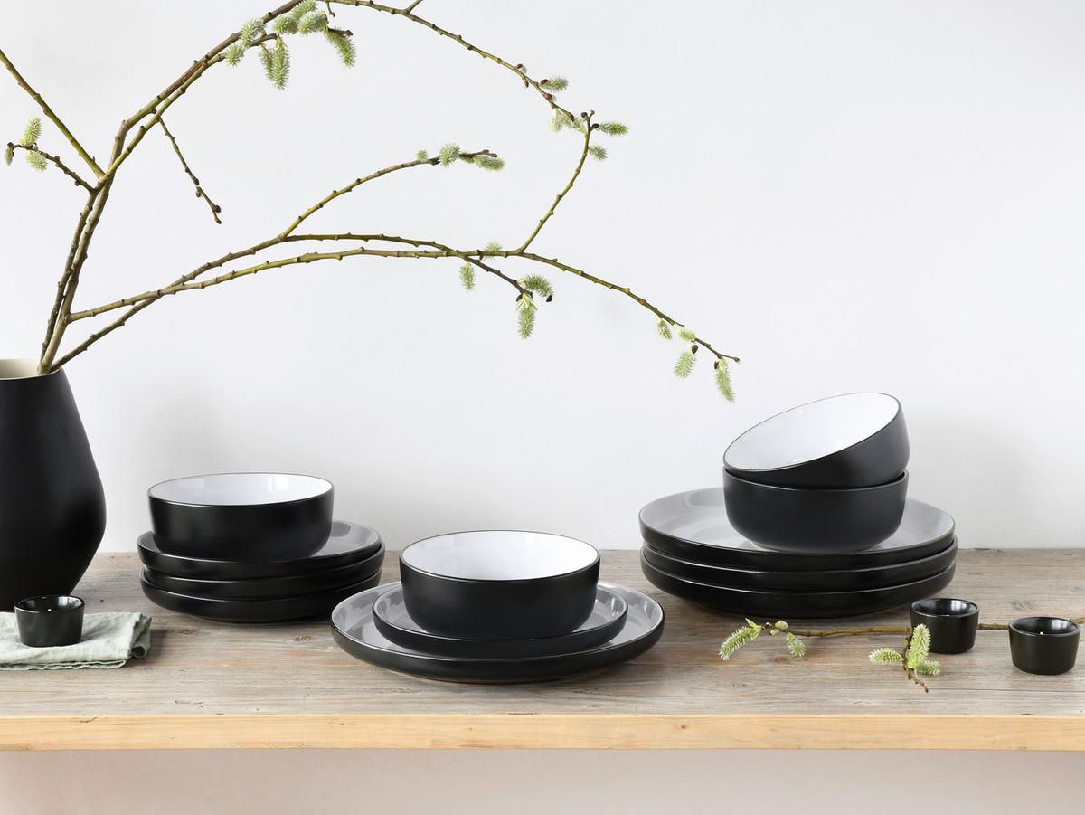 TAFELSERVICE Nordic Cool Black 12-teilig  - Grauweiß/Schwarz, Basics, Keramik - Creatable