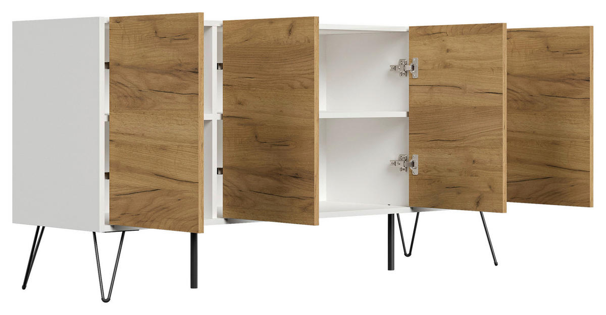 SIDEBOARD Posseik Industrial 155/75,8/42 cm  - Eichefarben/Weiß Hochglanz, Design, Holzwerkstoff/Metall (155/75,8/42cm) - MID.YOU