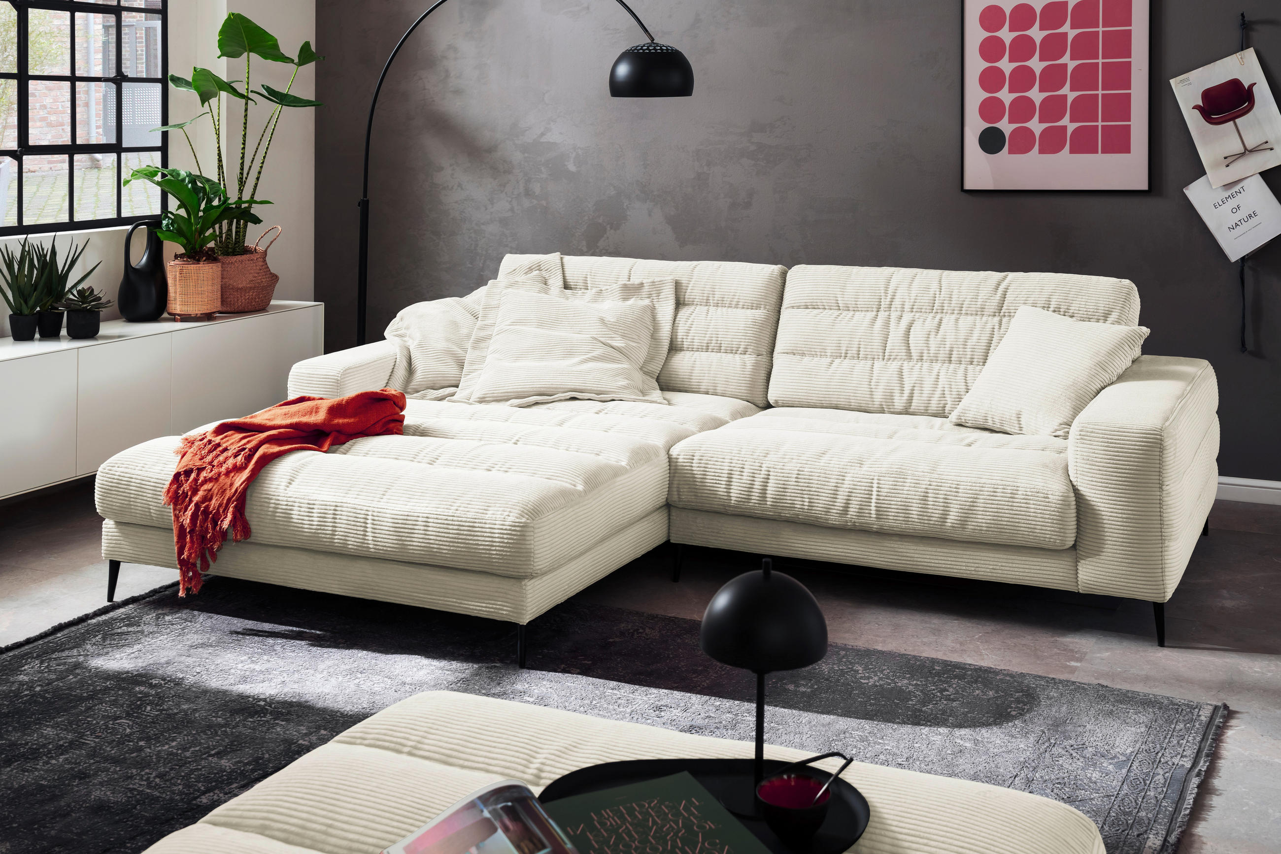 ECKSOFA Badia Weiß Cord  - Schwarz/Weiß, Design, Textil/Metall (207/296cm) - Dieter Knoll