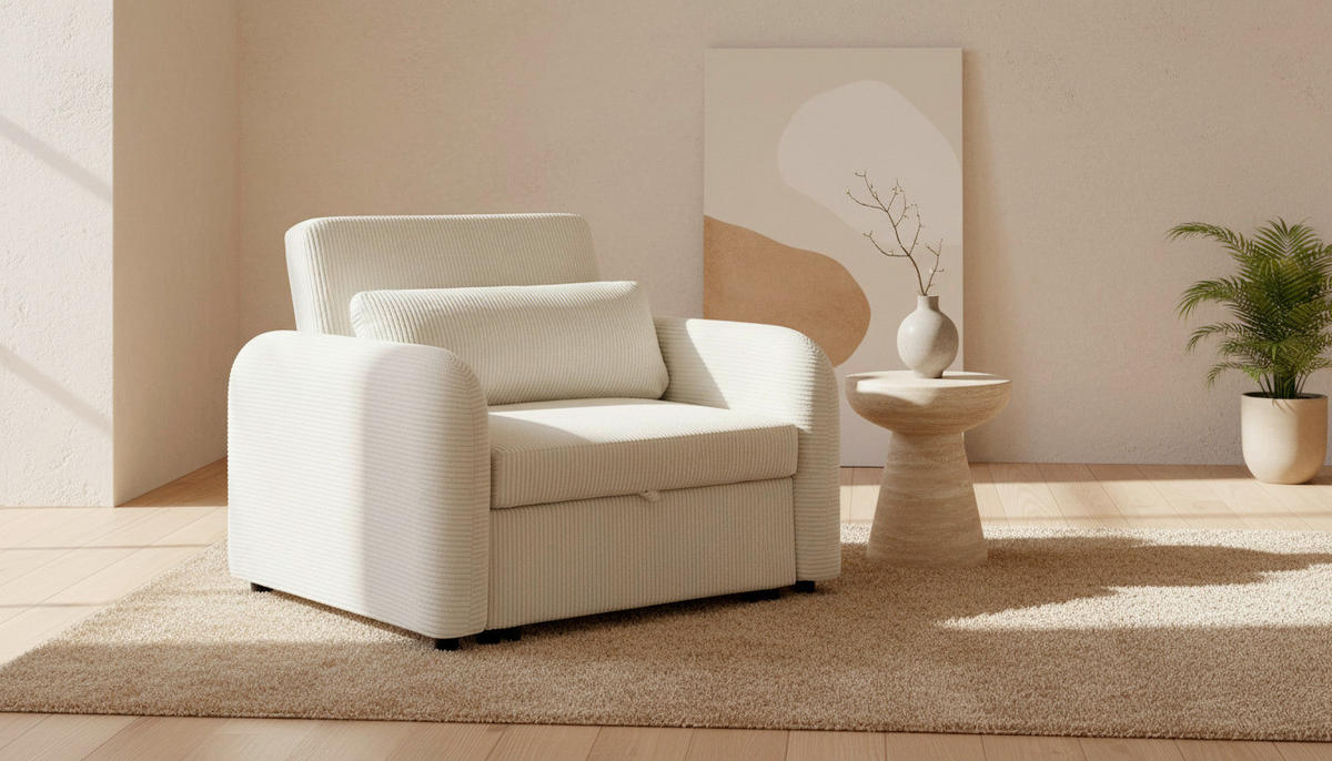 SCHLAFSESSEL PIANA Cord Creme Liegefunktion  - Creme/Schwarz, Design, Kunststoff/Textil (108/86/90cm) - MID.YOU