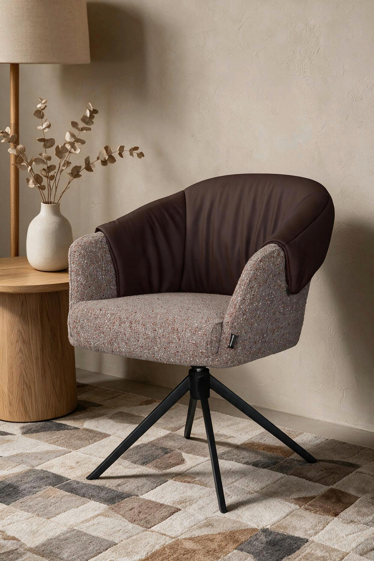 ARMLEHNSTUHL  Sitzfläche 360° drehbar, automatische Rückholfunktion Leinenoptik Echtleder  Braun, Schwarz  - Schwarz/Braun, Design, Leder/Textil (68,5/83/65,5cm) - Carryhome