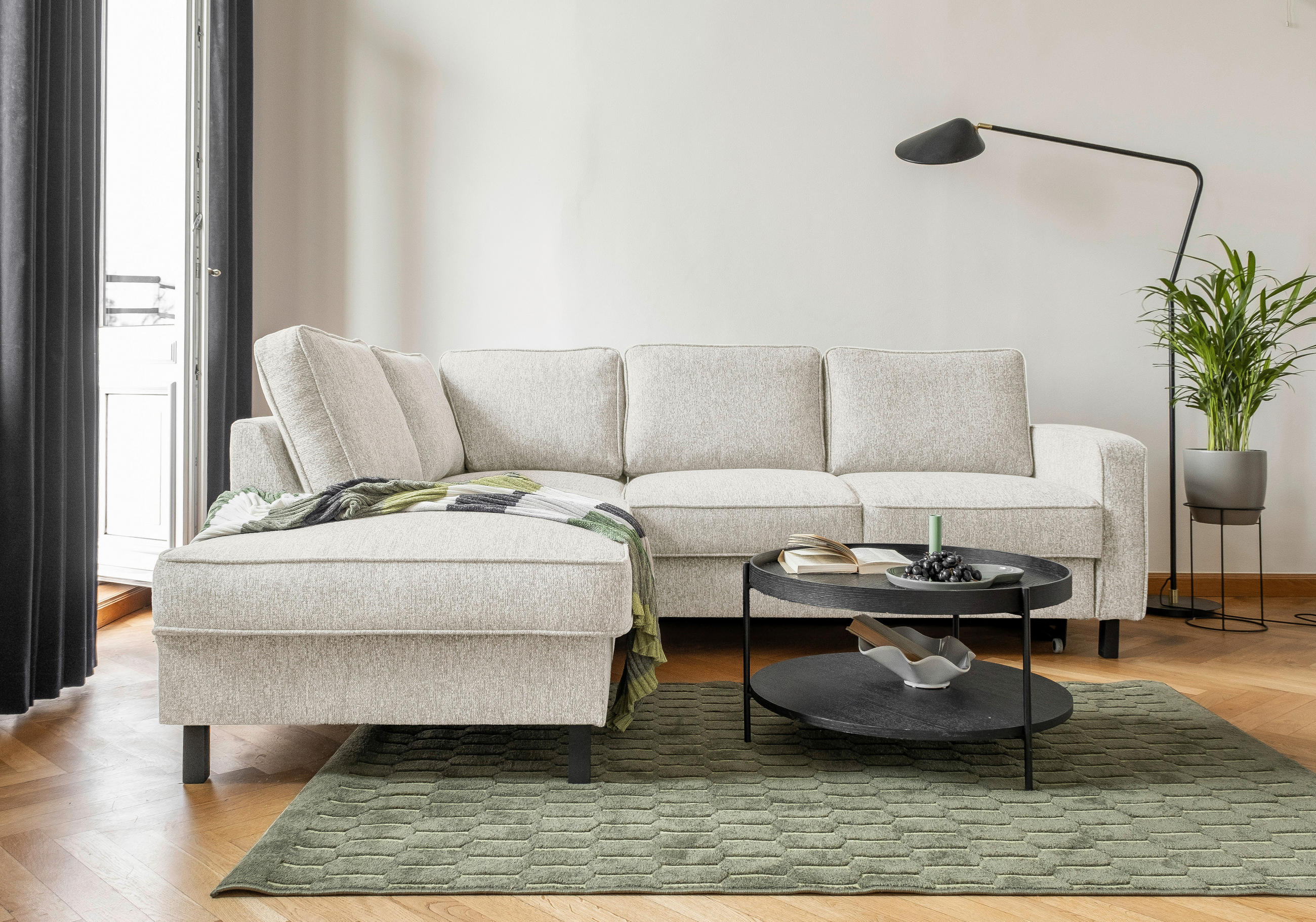 Thumbnail - Mid.you Ecksofa, Beige, Textil, Eiche, 6-Sitzer, Füllung: Schaumstoffflocken, Ottomane links, L-Form, 233x198 cm, Made i...