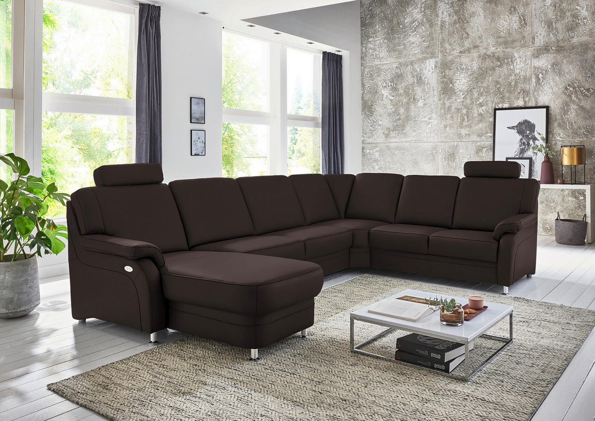 WOHNLANDSCHAFT Echtleder Schwarzbraun  - Schwarzbraun/Alufarben, Konventionell, Leder/Metall (165/329/239cm) - Beldomo Premium