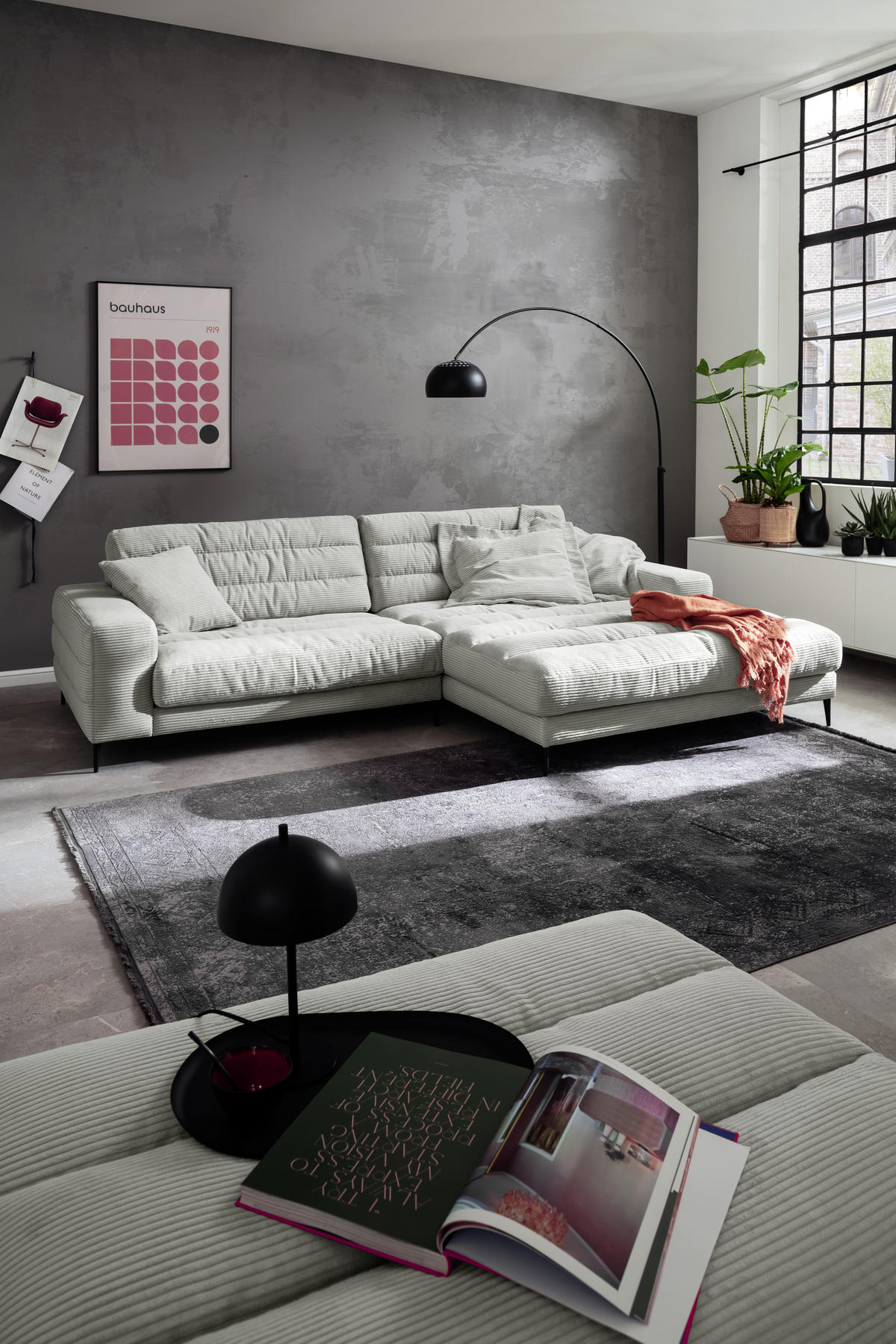ECKSOFA Badia Hellgrau Cord  - Hellgrau/Schwarz, Design, Textil/Metall (296/207cm) - Dieter Knoll