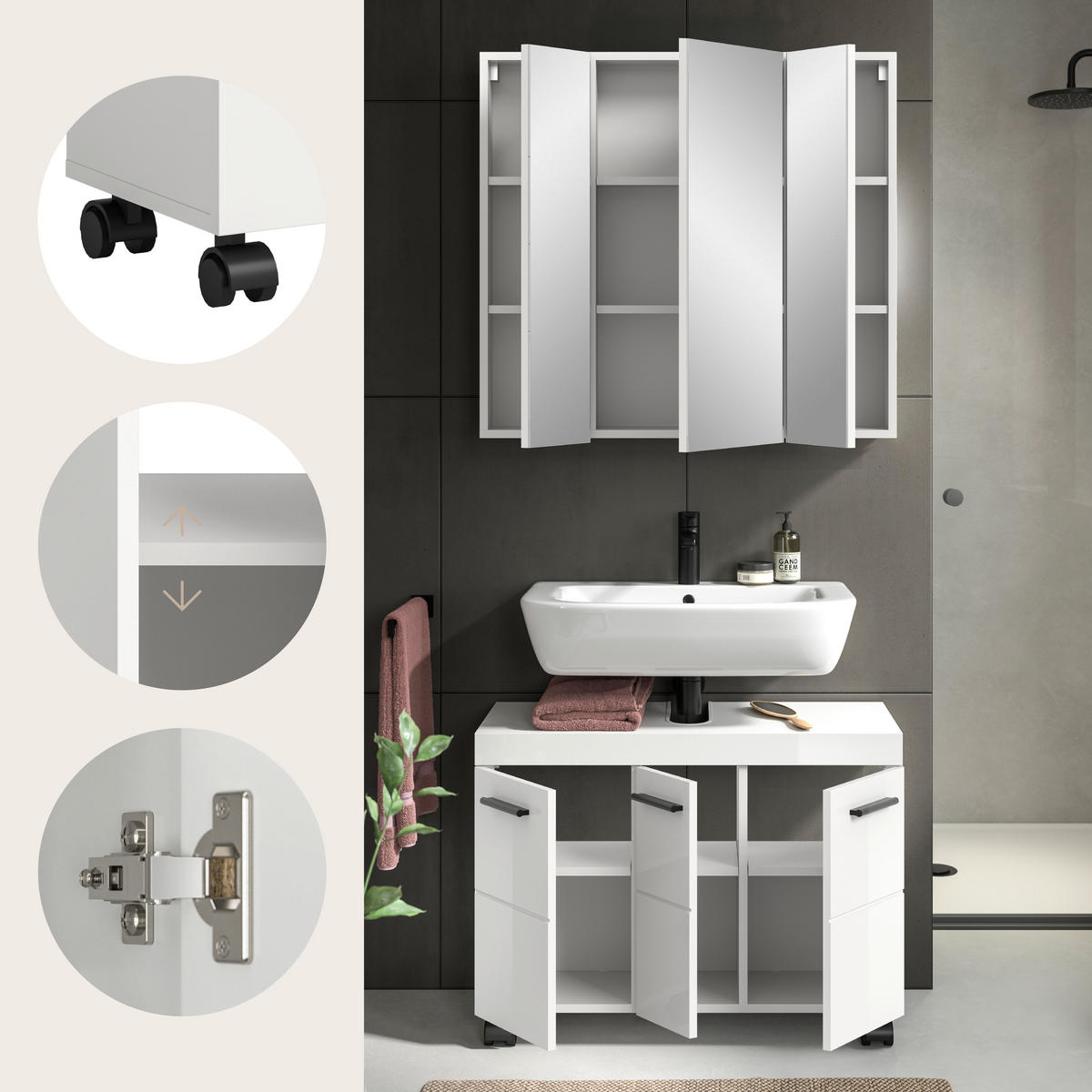 BADEZIMMER 2-teilig  in 82 cm  - Weiß Hochglanz/Schwarz, Trend, Glas/Holzwerkstoff (82cm) - MID.YOU