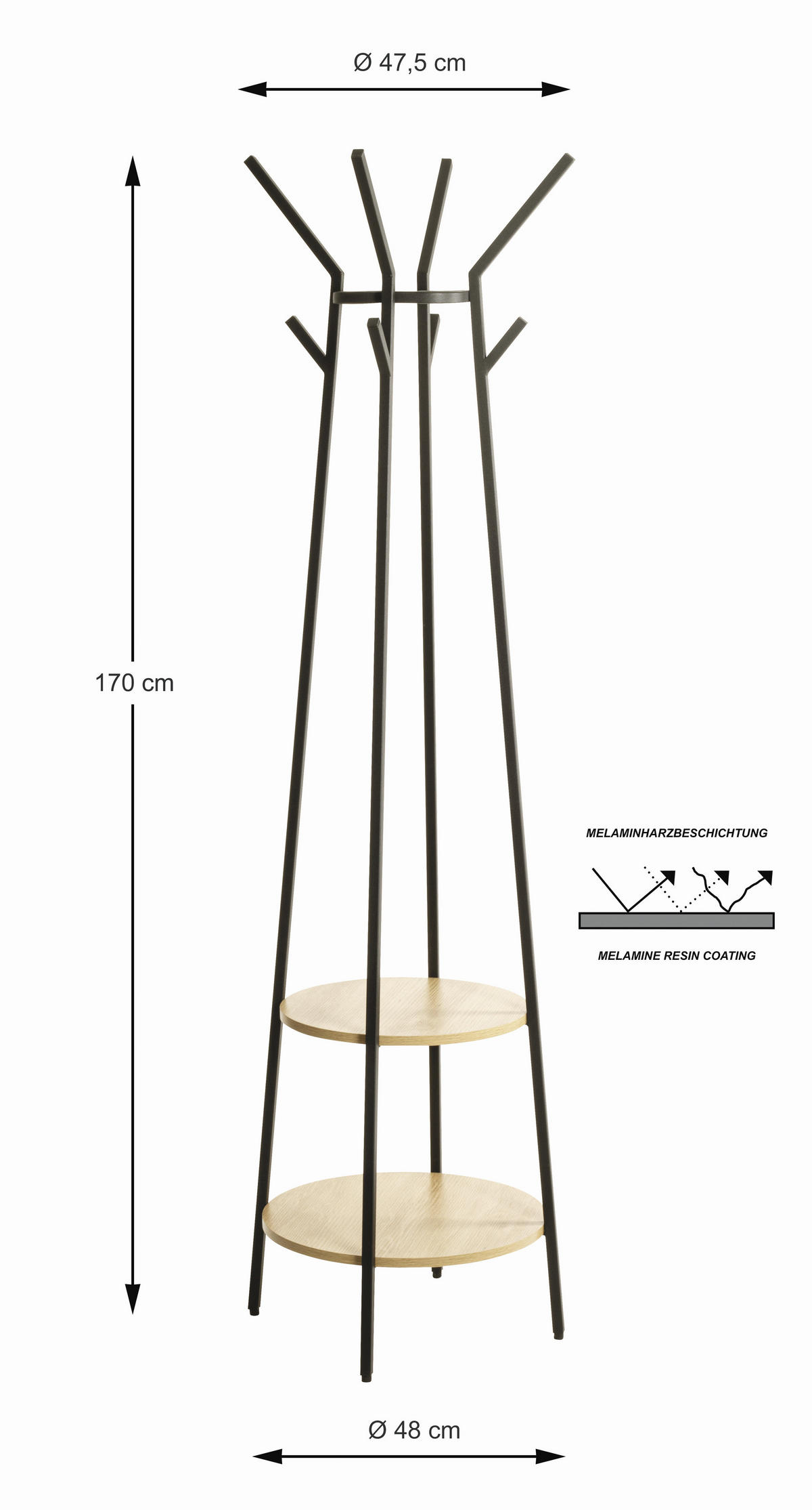 GARDEROBENSTÄNDER in Schwarz, Eichefarben 48/170/48 cm   - Eichefarben/Schwarz, Design, Holzwerkstoff/Metall (48/170/48cm)