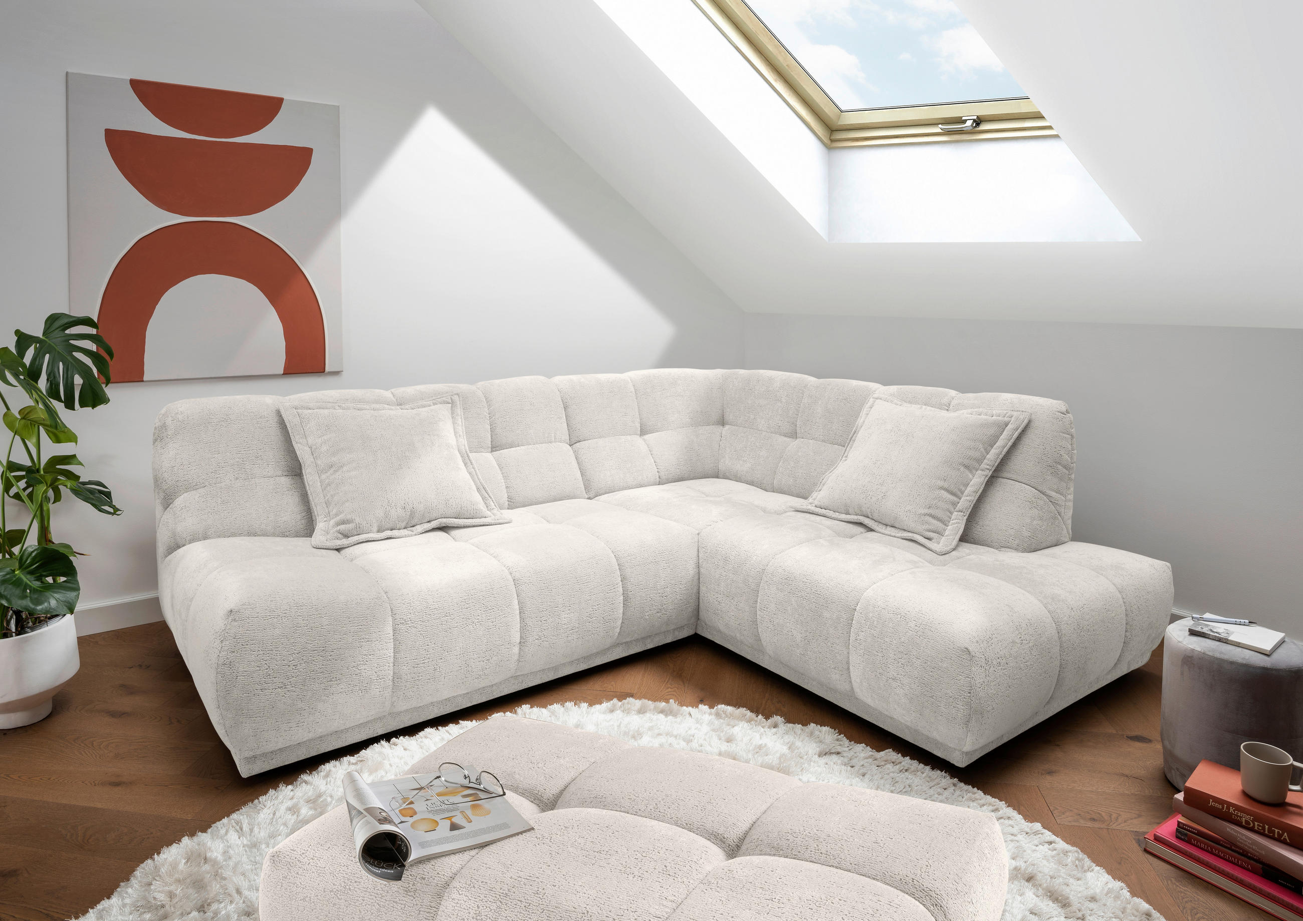ECKSOFA Chenille Creme  - Creme/Schwarz, Modern, Kunststoff/Textil (254/203cm) - Livetastic