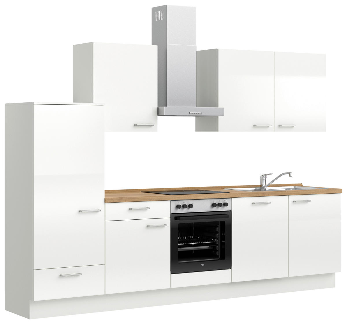 KÜCHENLEERBLOCK 300 cm   in Eichefarben, Weiß Hochglanz  - Edelstahlfarben/Eichefarben, MODERN, Holzwerkstoff/Metall (300cm) - Nobilia