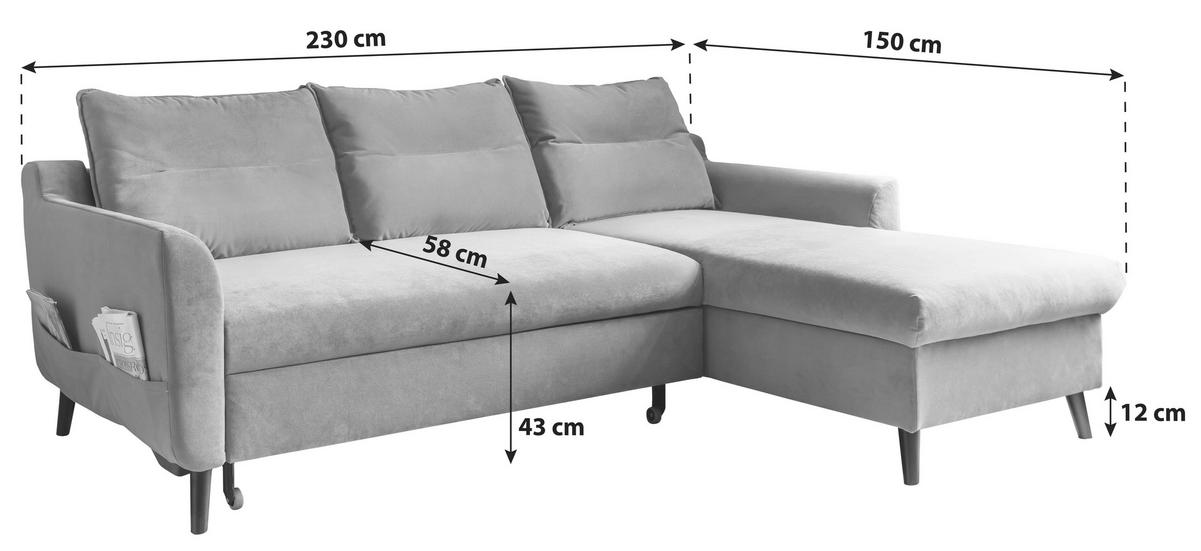 ECKSCHLAFSOFA Stylish Stan Velours Altrosa  inkl. Rückenkissen, Bettkasten, Schlaffunktion  - Schwarz/Altrosa, Basics, Holz/Textil (230/150cm) - MID.YOU
