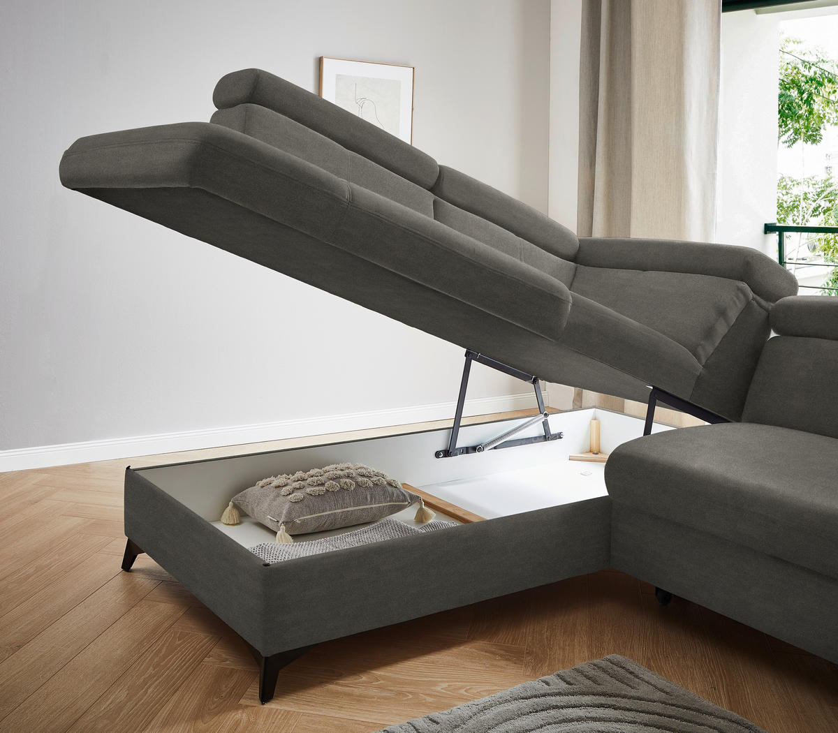 ECKSOFA in Mikrofaser Graubraun  - Graubraun/Schwarz, Design, Textil/Metall (203/260cm) - Stylife