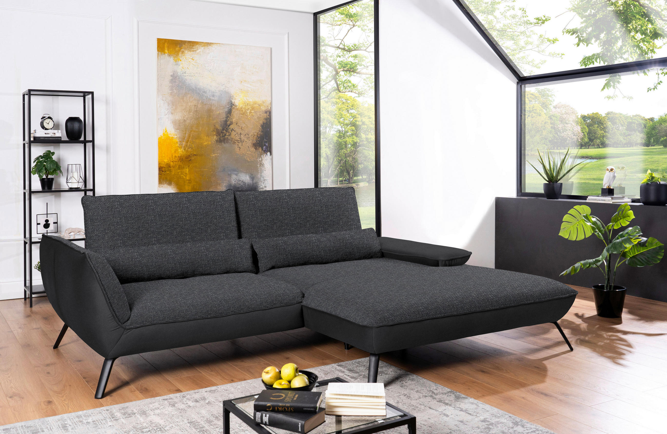 ECKSOFA in Flachgewebe Anthrazit  - Anthrazit/Schwarz, Design, Textil/Metall (273/191cm) - Moderano