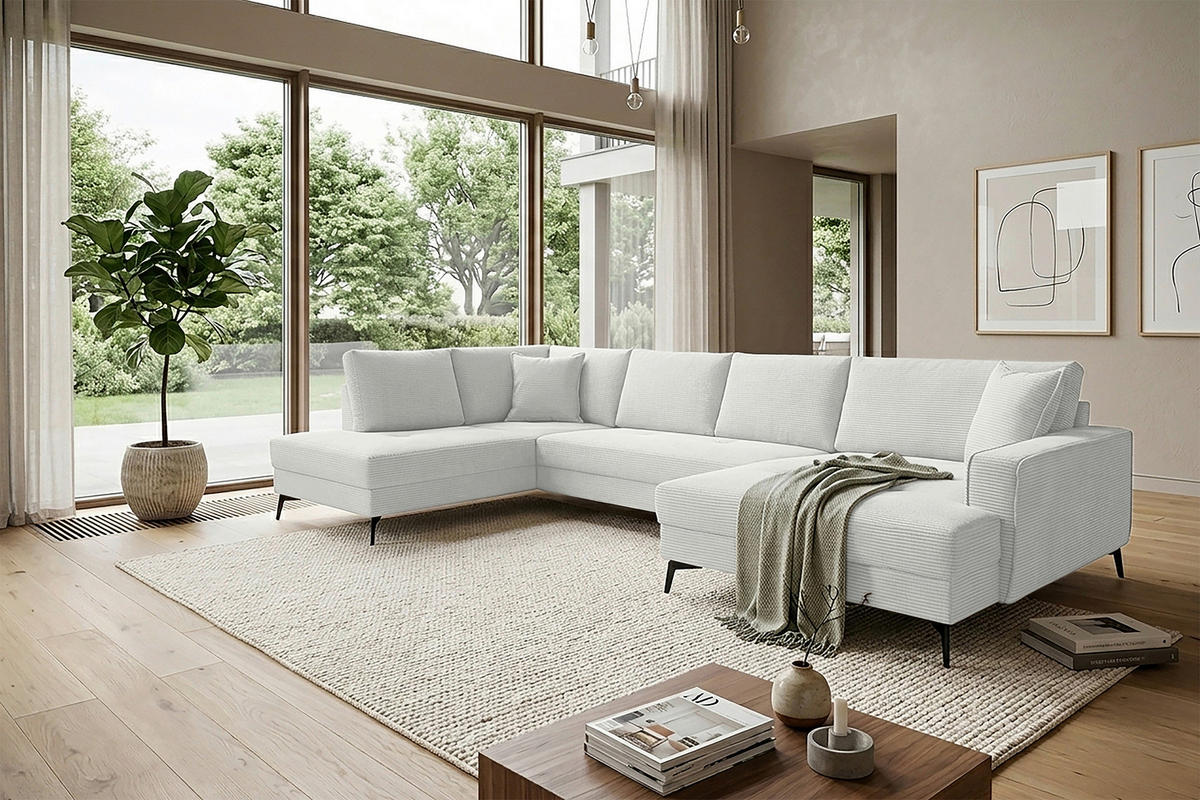 WOHNLANDSCHAFT ZERO Creme, Weiß Cord  - Creme/Schwarz, Trend, Textil/Metall (195/362/173cm) - Livetastic