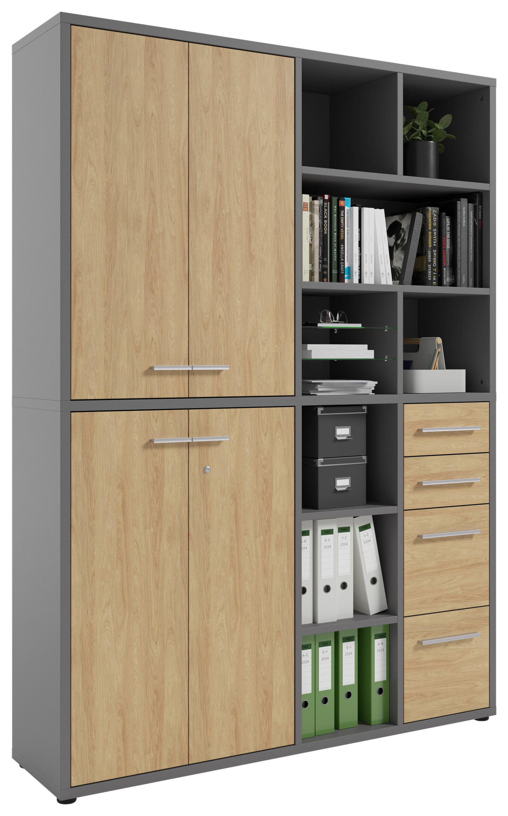 AKTENSCHRANK Eiche Grau, Hickory  - Grau/Hickory, MODERN, Glas/Holz (154,9/215,4/40cm) - Novel