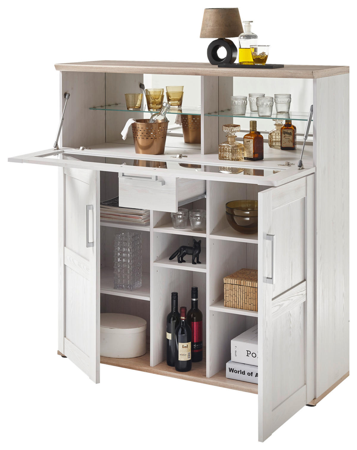 BAR Braun, Weiß  - Anthrazit/Silberfarben, Design, Glas/Holzwerkstoff (128/137/42cm) - Xora