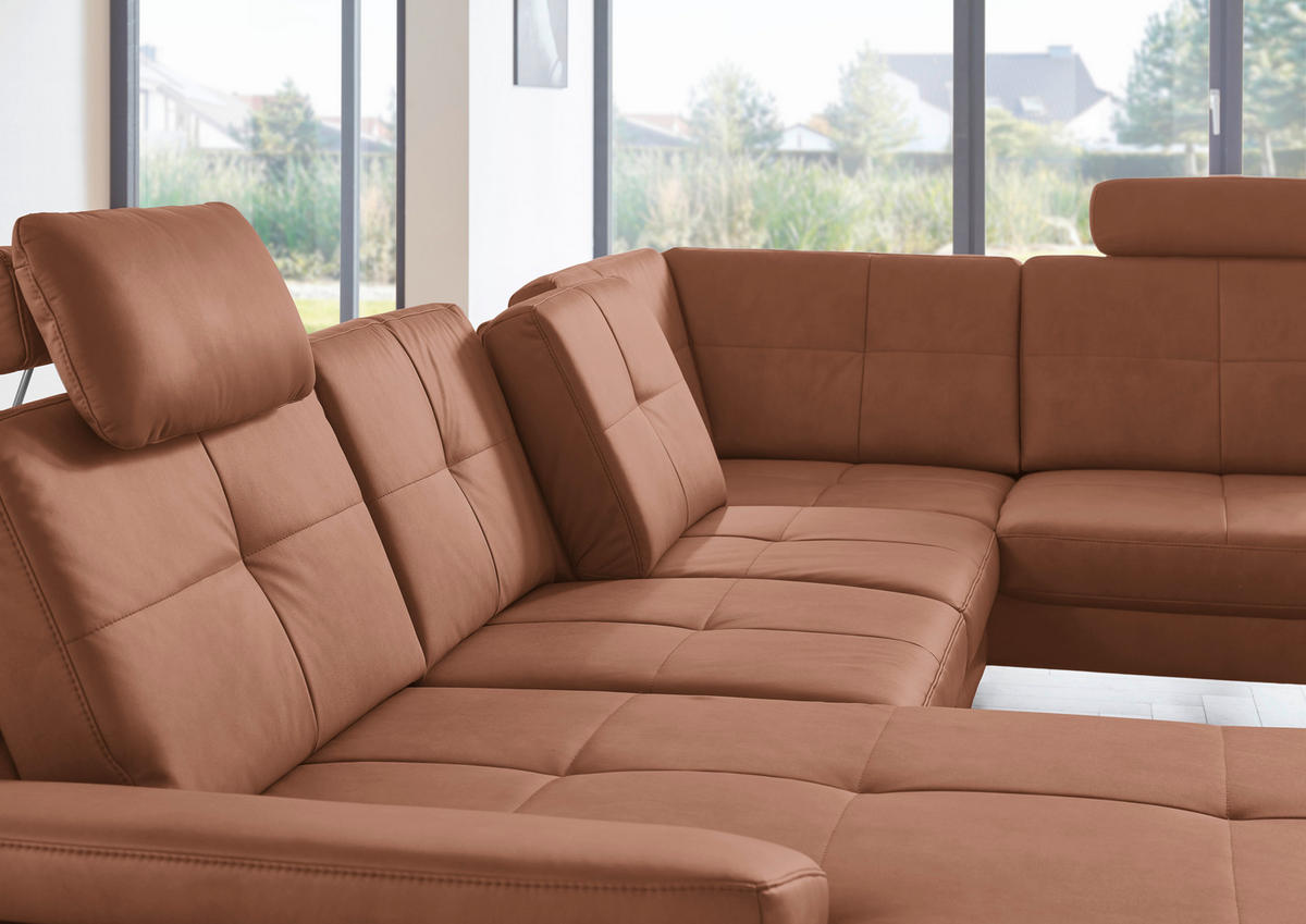 WOHNLANDSCHAFT in Lederlook, Mikrofaser Braun  - Schwarz/Braun, Design, Textil/Metall (345/220cm) - Beldomo System
