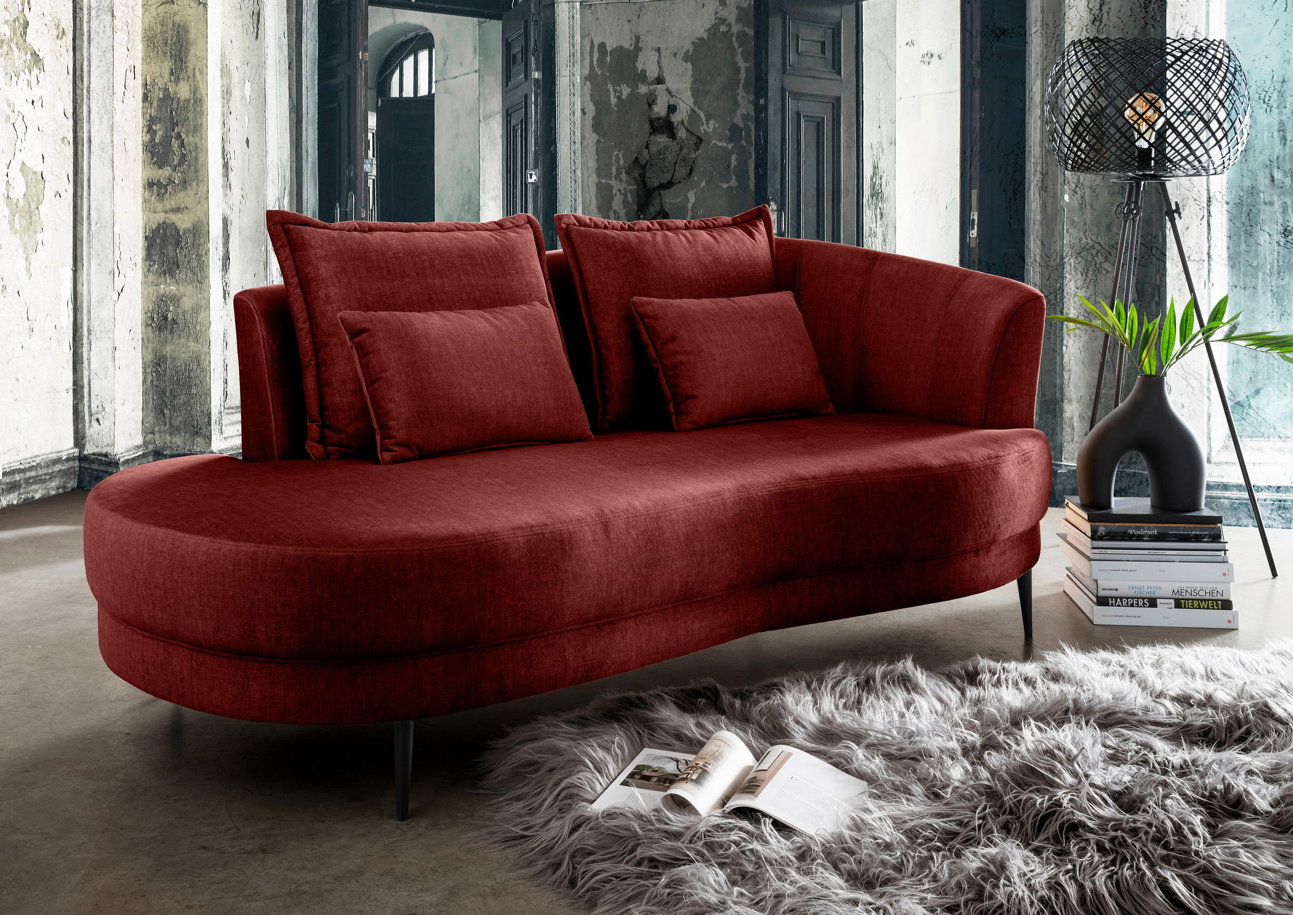 OTTOMANE in Velours Koralle  - Koralle/Schwarz, Modern, Textil/Metall (211/85/102cm) - Livetastic