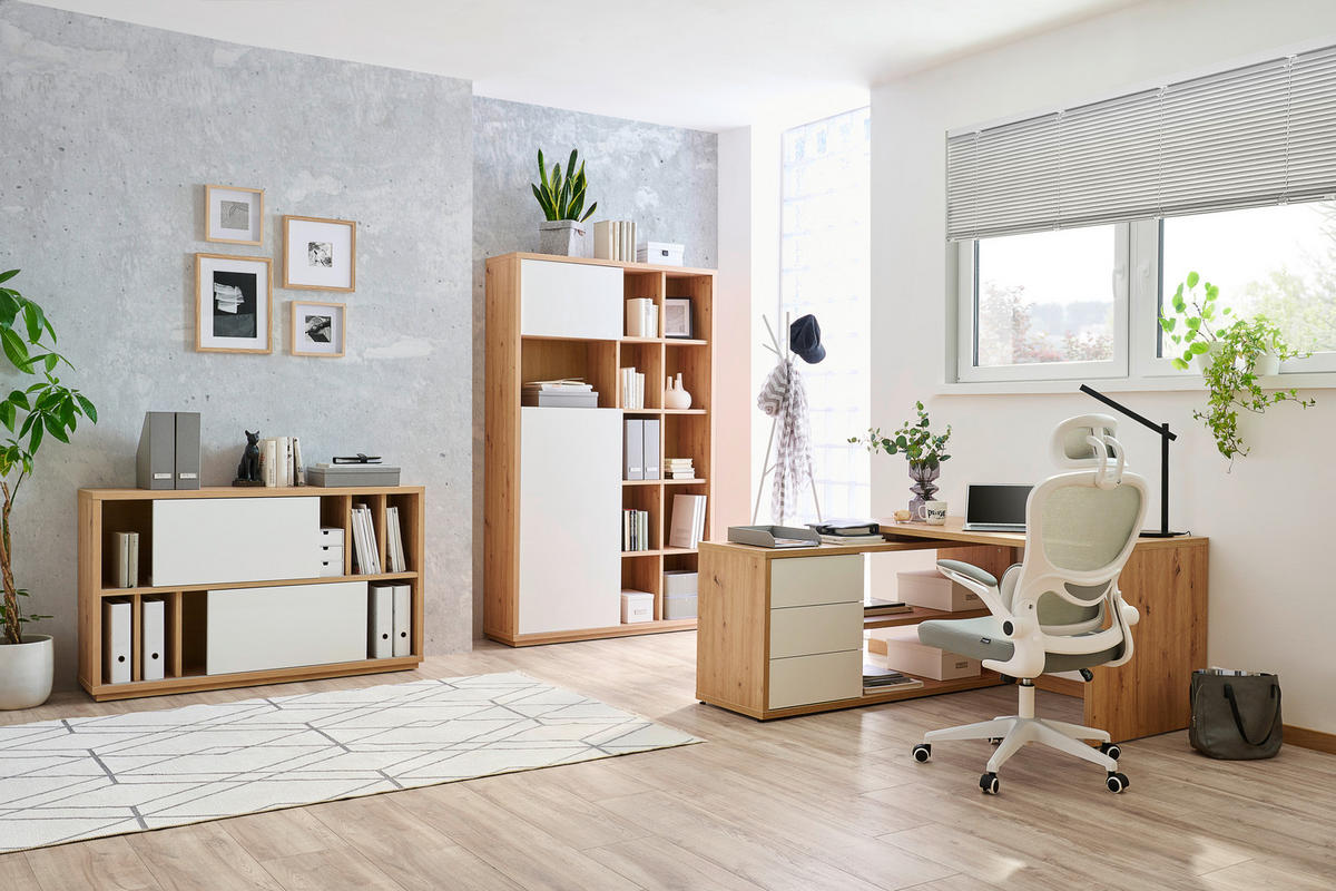 AKTENSCHRANK 139/84/35,5 cm  - Weiss Hochglanz/Eiche Artisan, Design, Holzwerkstoff (139/84/35,5cm) - Stylife