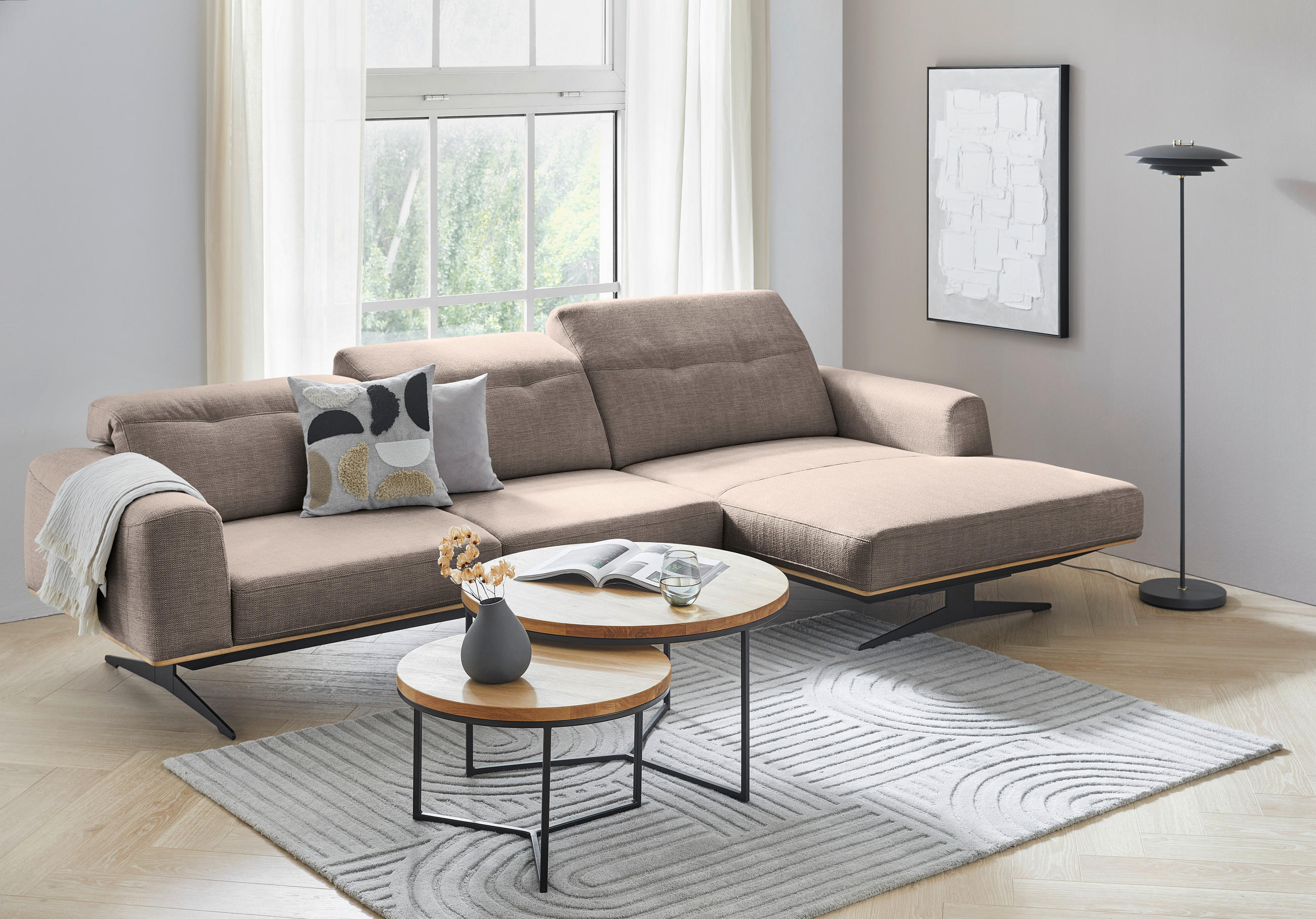 ECKSOFA Cappuccino Struktur  - Eichefarben/Schwarz, Design, Holz/Textil (305/163cm) - Novel