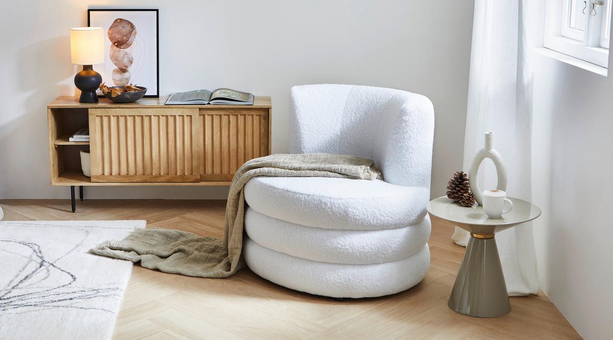DESIGNSESSEL in Flachgewebe, Teddystoff Weiss  - Weiss/Edelstahlfarben, Trend, Textil/Metall (90/82/85cm) - Livetastic