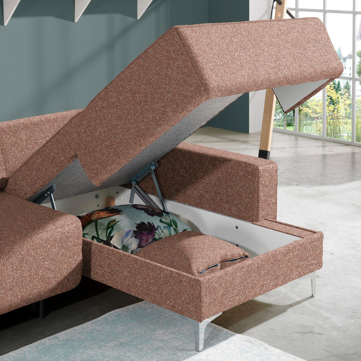 ECKSOFA  in Mikrovelours Terracotta  248/160 cm  - Terracotta/Alufarben, Design, Textil/Metall (248/160cm) - Sedda