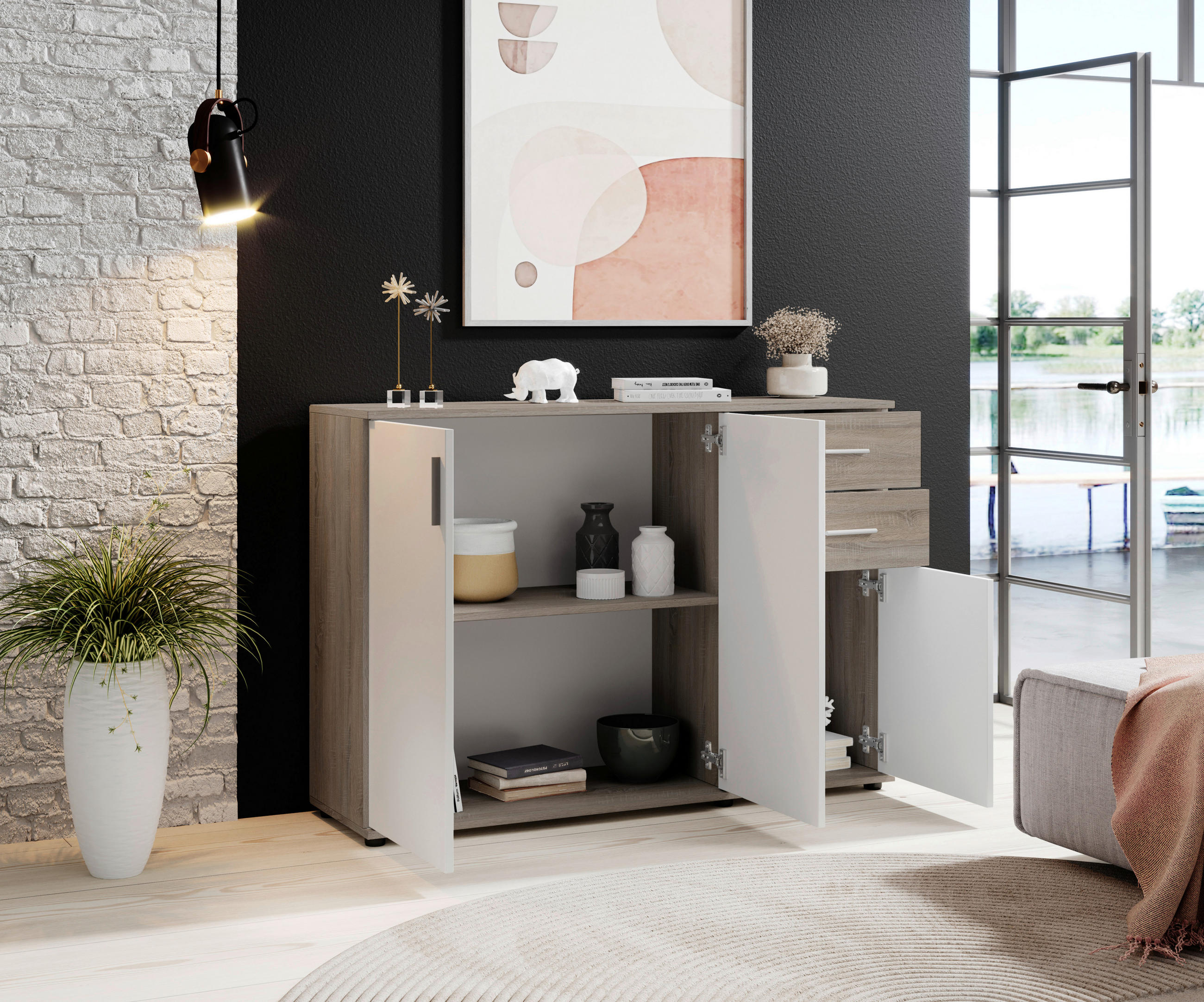 KOMMODE Bobby  in 120/82/35 cm  - Eiche dunkel/Silberfarben, KONVENTIONELL, Holzwerkstoff/Kunststoff (120/82/35cm)
