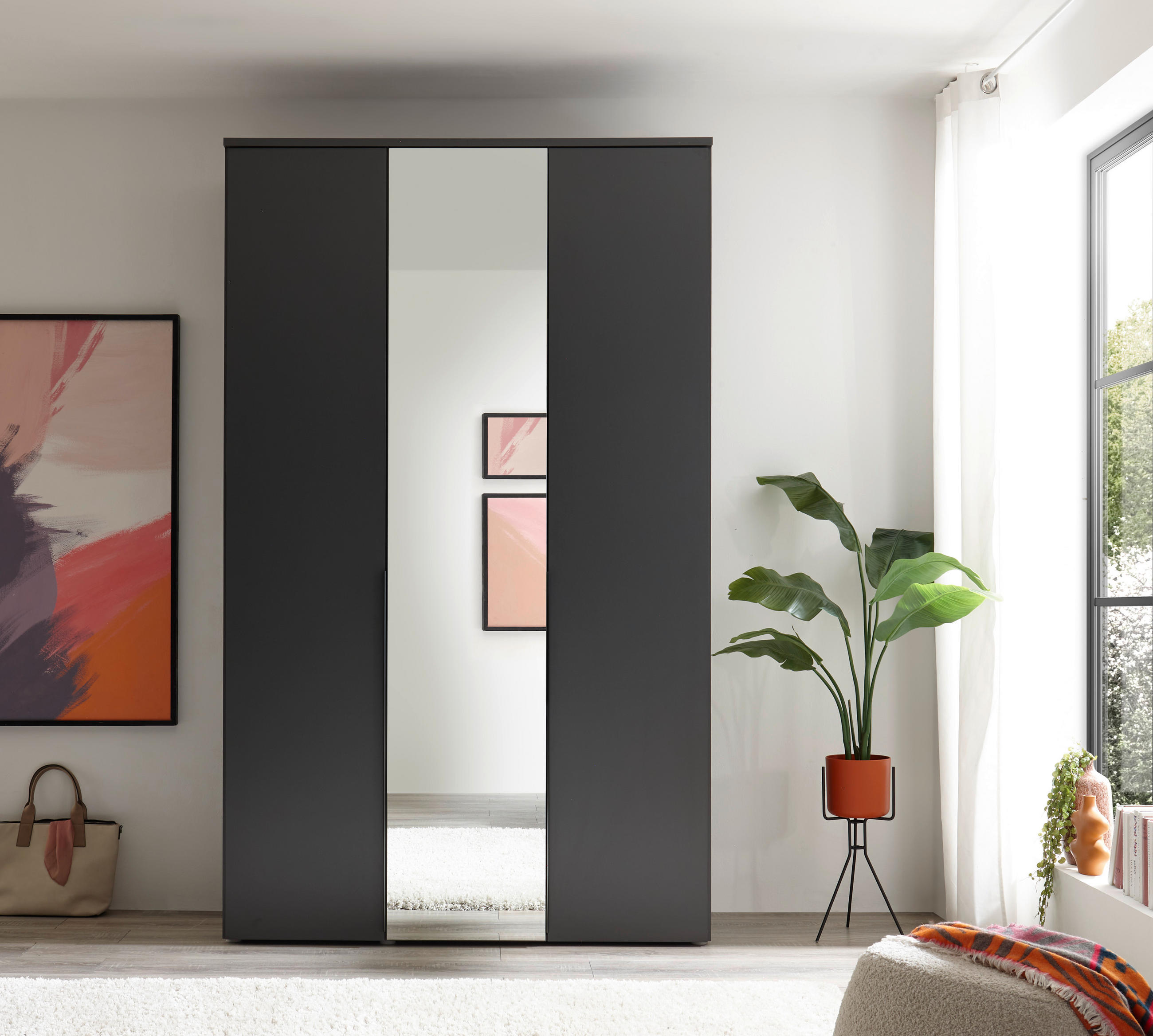 DREHTÜRENSCHRANK 135/225/52 cm 3-türig Graphitfarben  - Graphitfarben/Schwarz, MODERN, Glas/Holzwerkstoff (135/225/52cm) - MID.YOU