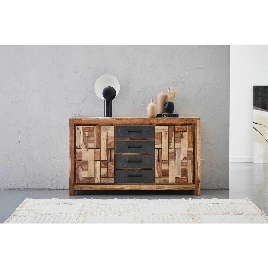 Thumbnail - Livetastic Sideboard Tunis, Grau, Natur, Metall, Sheesham, massiv, Holz, 2 Fächer, 4 Schubladen, 145x85x40 cm, handgemac...