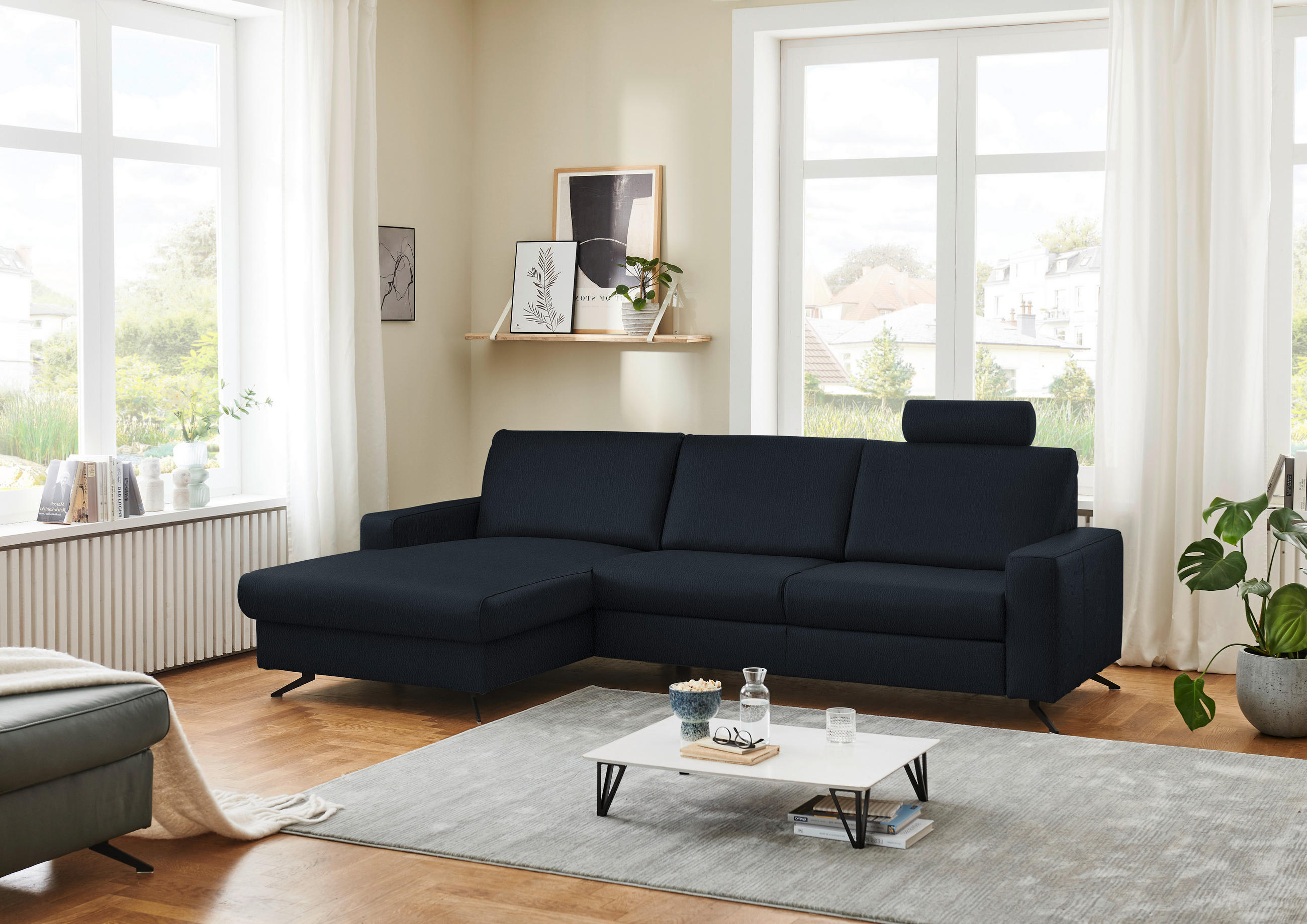 ECKSOFA in Echtleder Dunkelblau  - Schwarz/Dunkelblau, Design, Leder/Metall (165/267cm) - Beldomo Premium