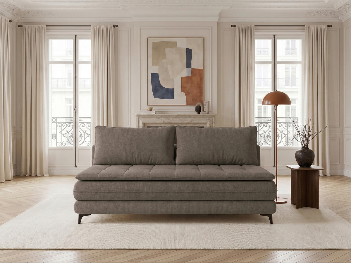 SCHLAFSOFA Chenille Taupe  inkl. Bettkasten, Schlaffunktion, Topper  - Taupe/Schwarz, Design, Textil/Metall (200/95/92cm) - Stylife