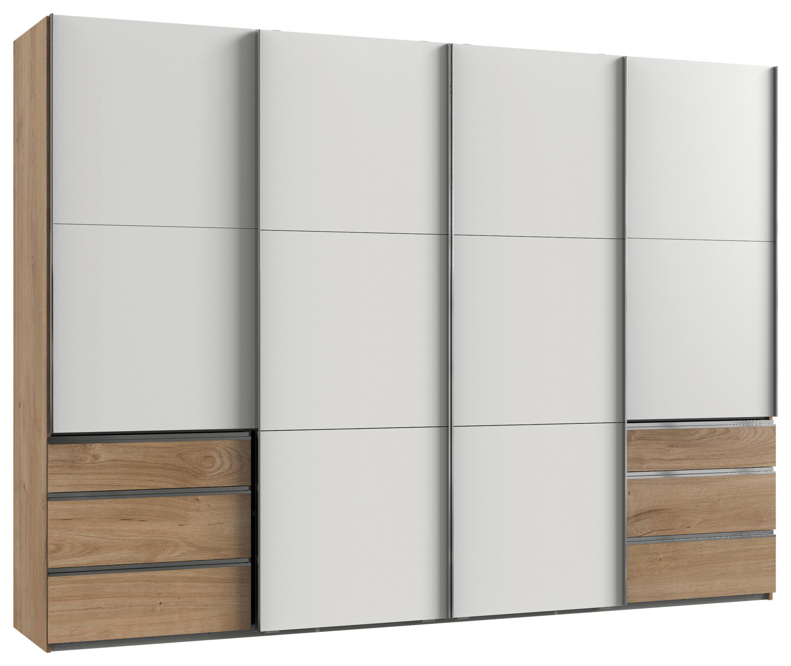 SCHWEBETÜRENSCHRANK 300/216/65 cm 4-türig Weiß, Plankeneiche  - Chromfarben/Plankeneiche, MODERN, Holzwerkstoff (300/216/65cm) - MID.YOU