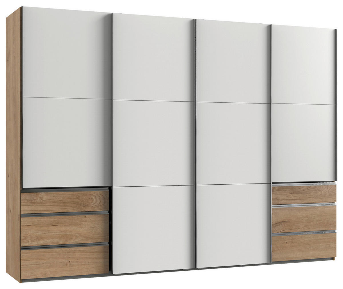 SCHWEBETÜRENSCHRANK 300/216/65 cm 4-türig Weiß, Plankeneiche  - Chromfarben/Plankeneiche, MODERN, Holzwerkstoff (300/216/65cm) - MID.YOU