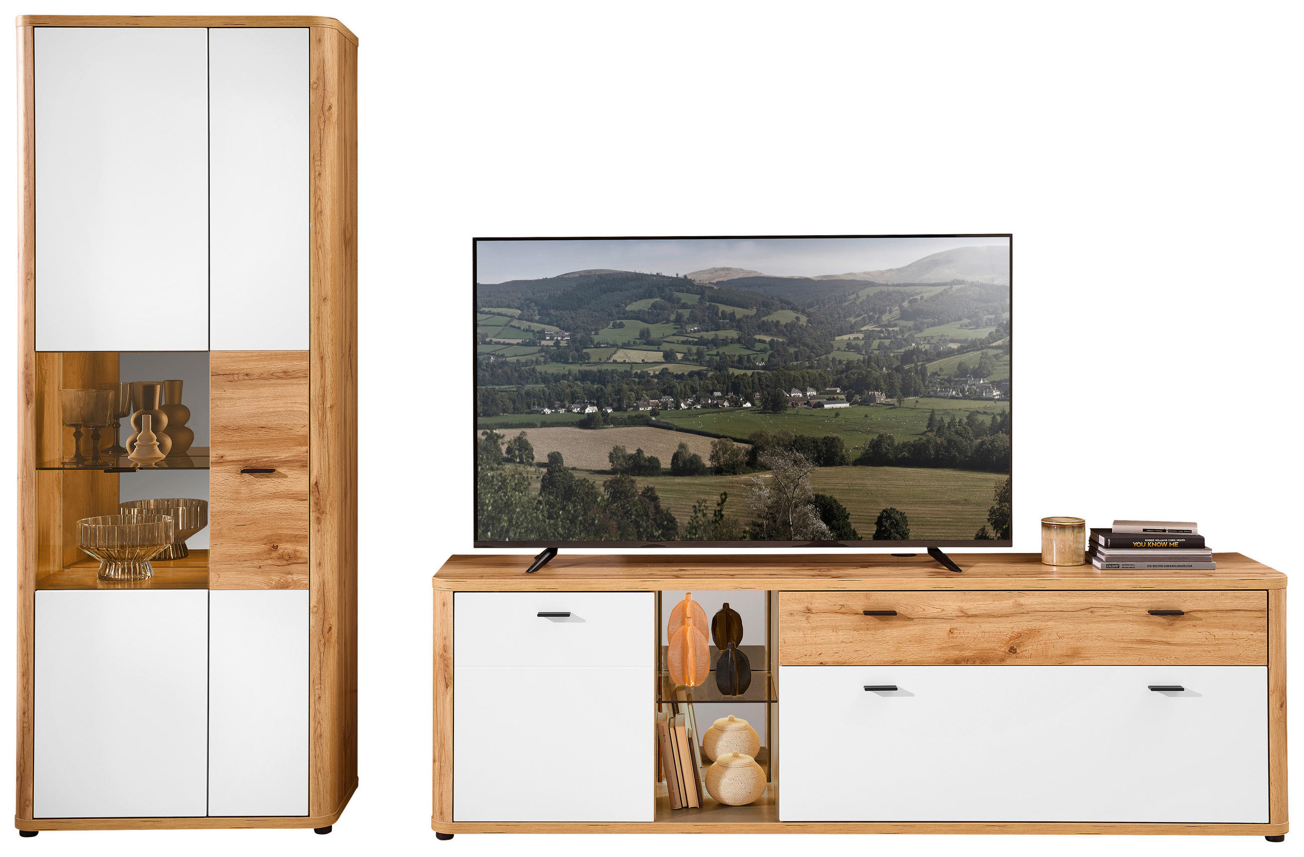 WOHNWAND 2-teilig  in Weiss, Eiche Wotan 305/204/45 cm  - Weiss/Anthrazit, Modern, Glas/Holzwerkstoff (305/204/45cm) - Stylife