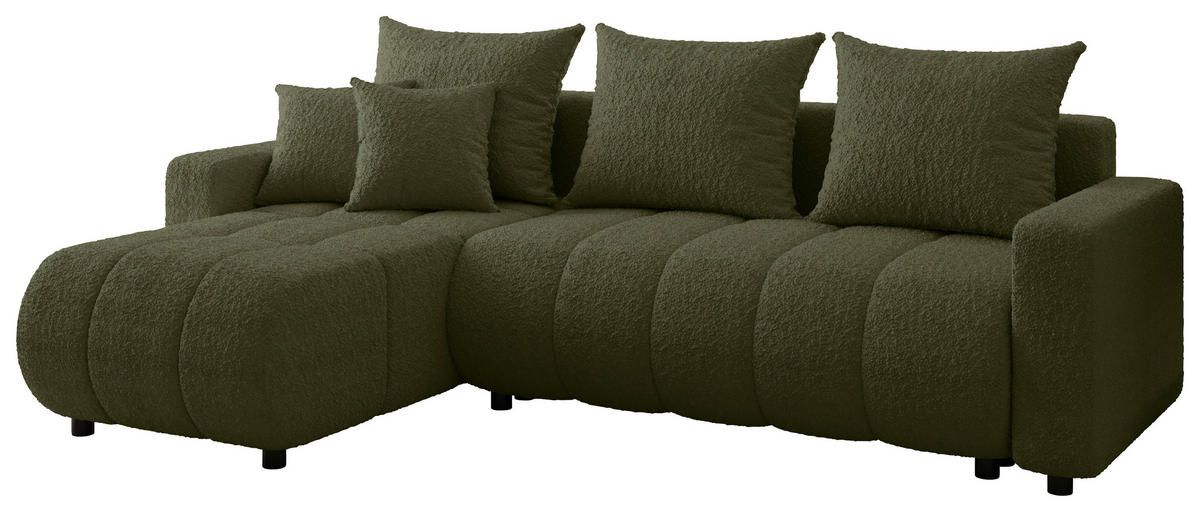 ECKSOFA Grün Bouclé Zierkissen, Rückenkissen, Bettkasten, Schlaffunktion, Rücken echt, Liegefläche im Originalstoff  - Schwarz/Grün, MODERN, Kunststoff/Textil (150/240cm) - Carryhome