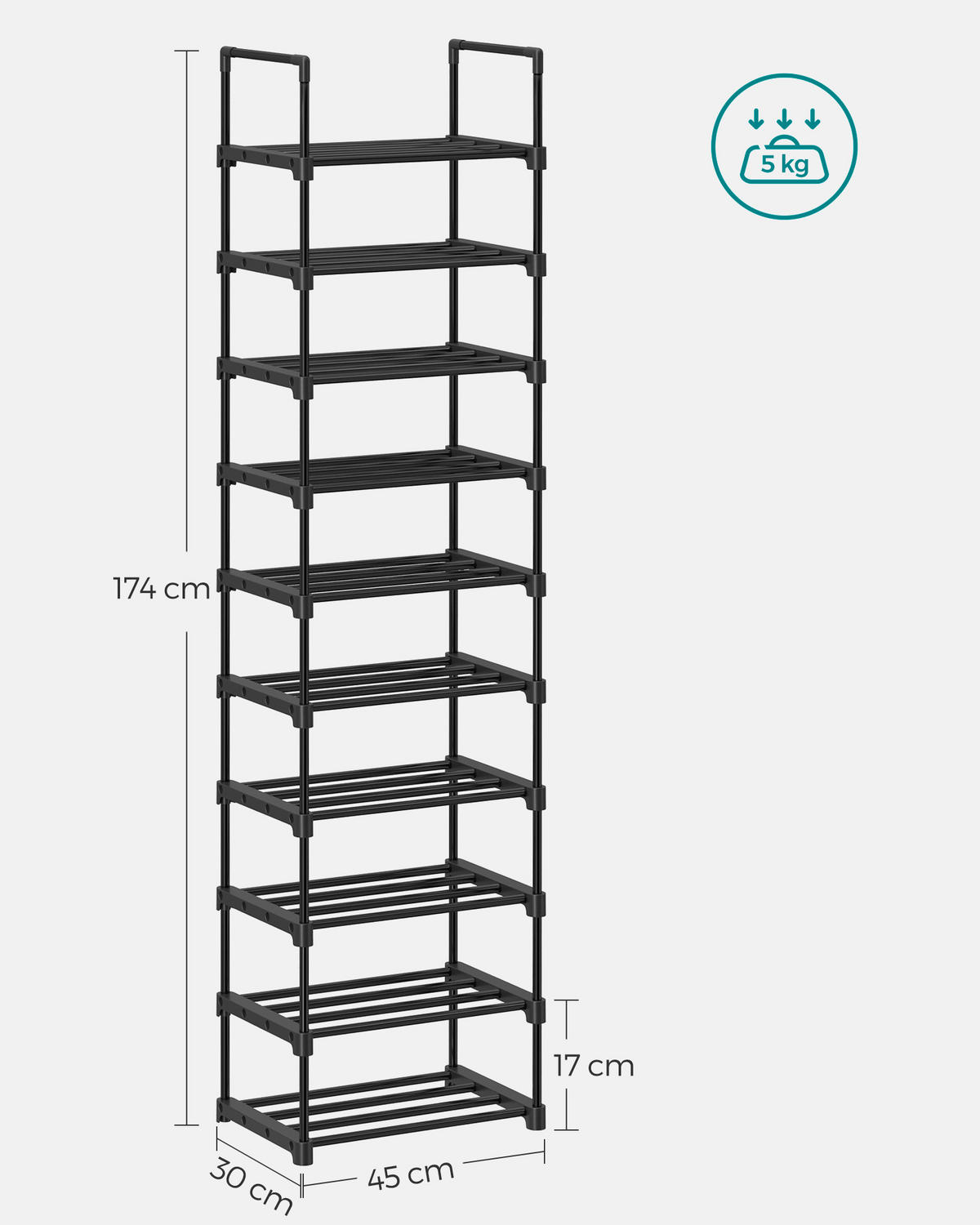 REGÁL NA BOTY, černá, 45/174/30 cm - černá, Trend, kov/plast (45/174/30cm) - Boxxx
