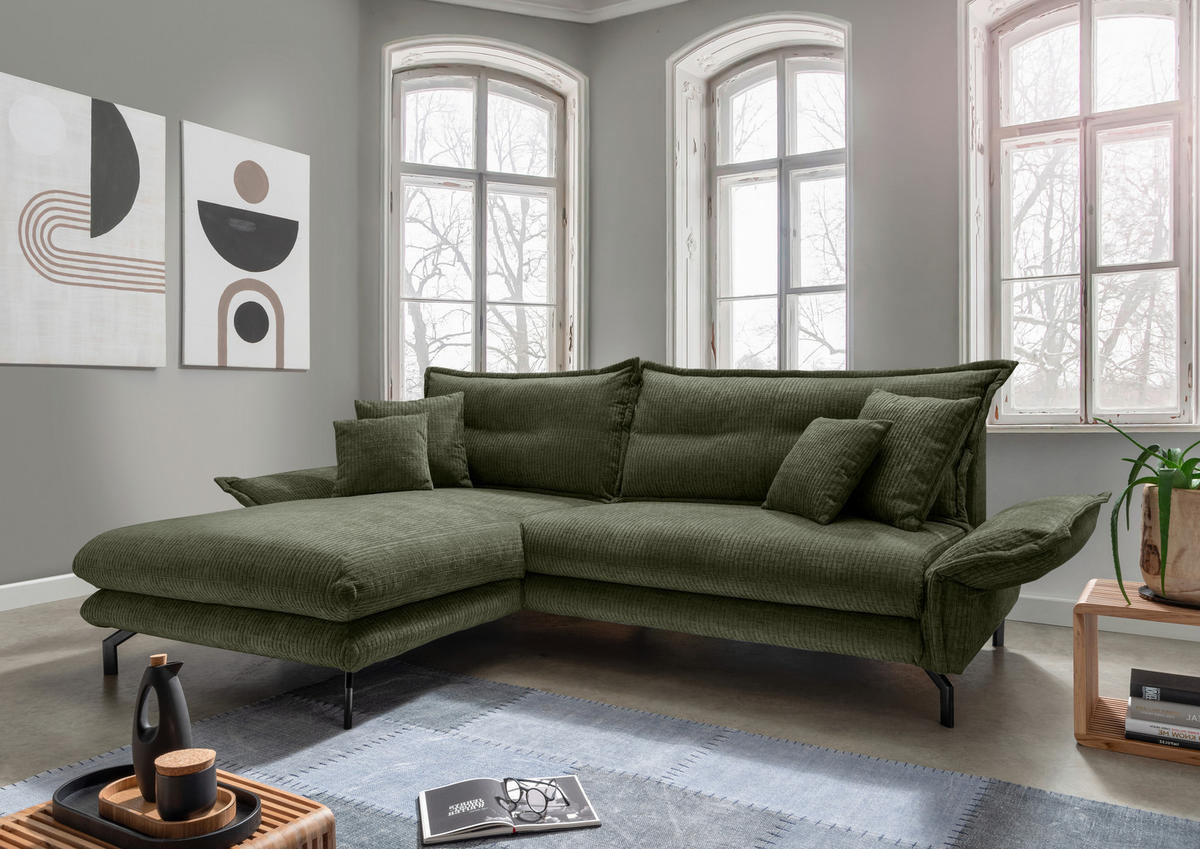 ECKSOFA in Velours Olivgrün  - Schwarz/Olivgrün, Design, Textil/Metall (180/255cm) - Livetastic