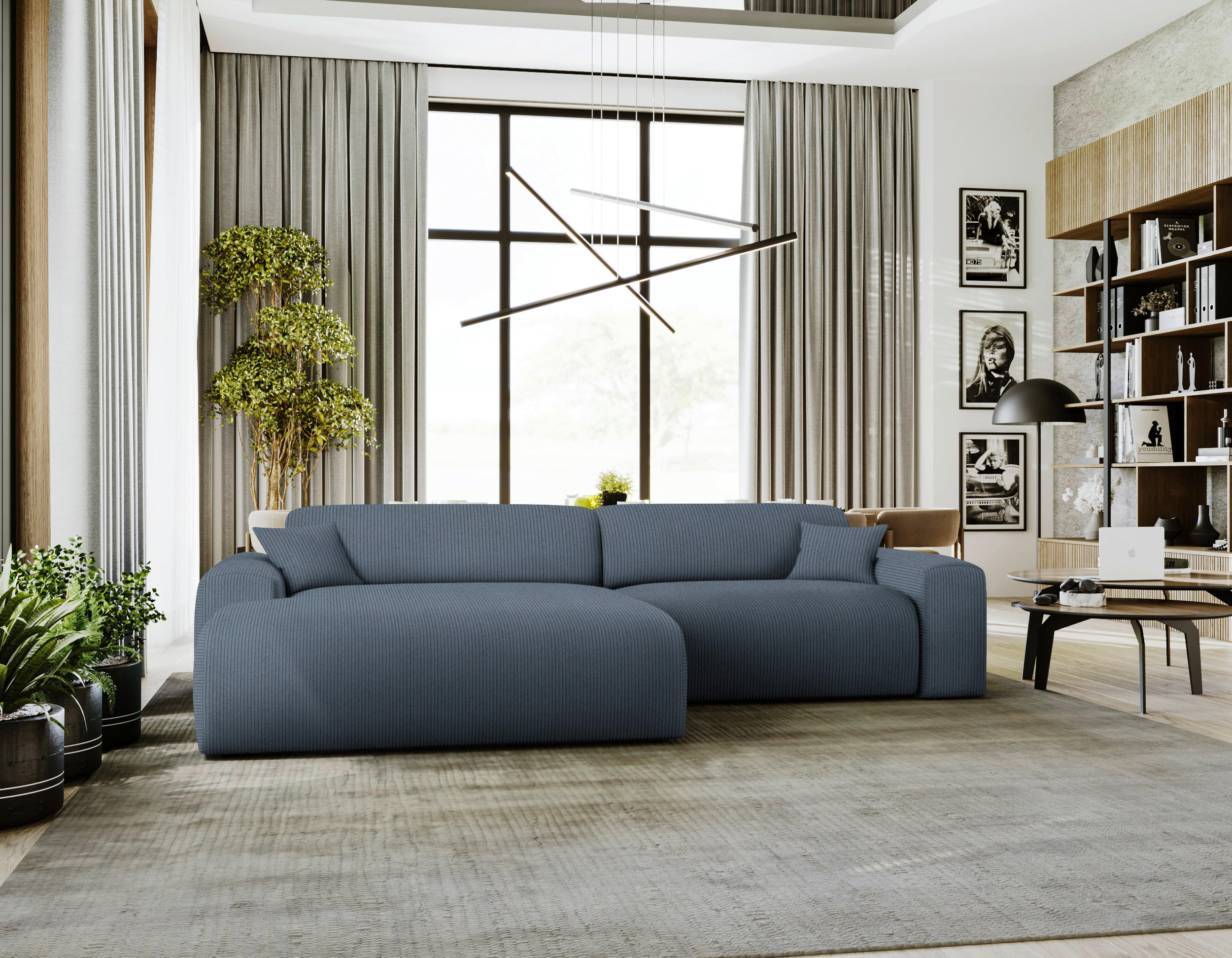 ECKSOFA in Velours, Feincord Blaugrau  178/292 cm  - Blaugrau/Schwarz, Design, Kunststoff/Textil (178/292cm) - home24