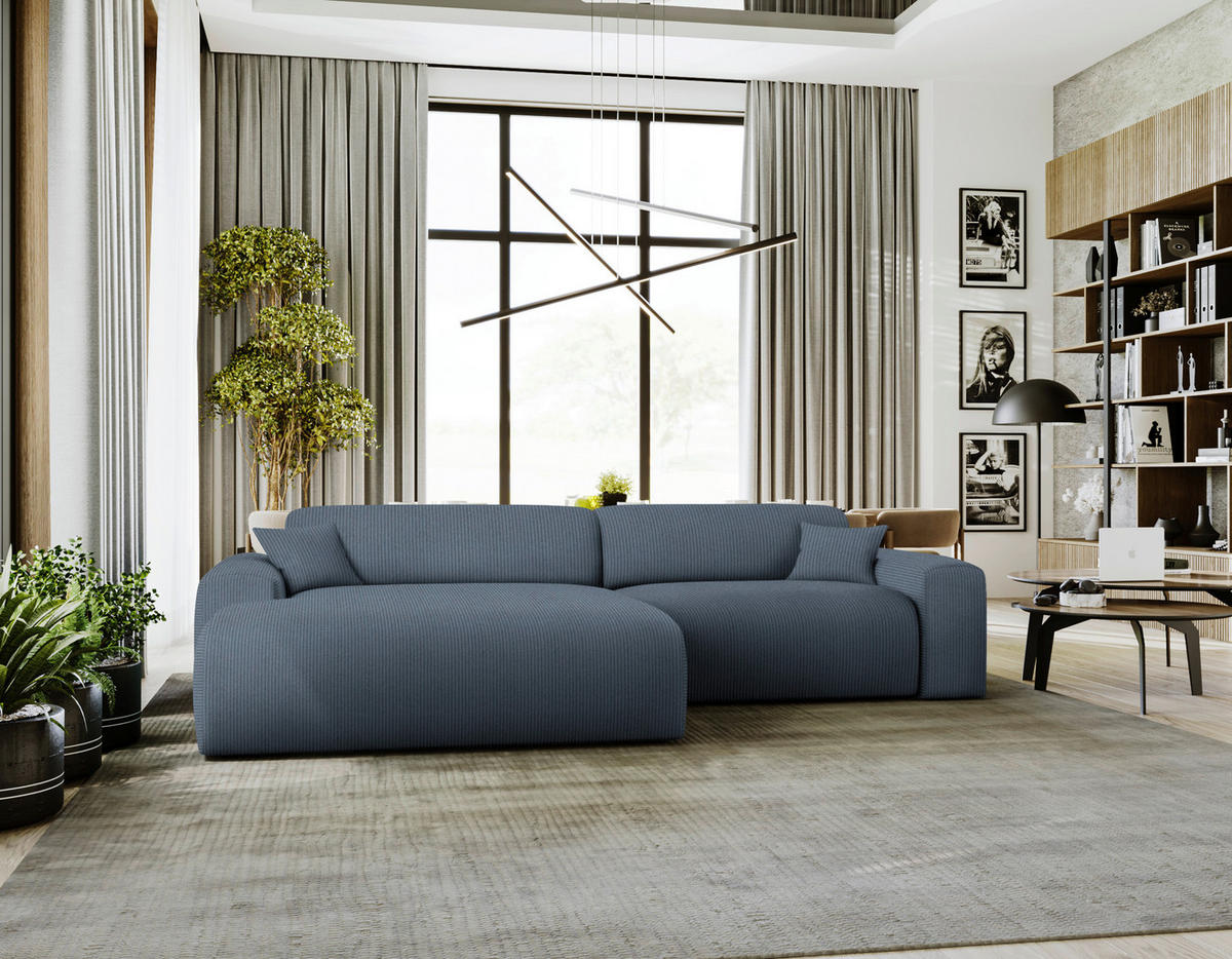 ECKSOFA in Velours, Feincord Blaugrau  178/292 cm  - Blaugrau/Schwarz, Design, Kunststoff/Textil (178/292cm) - home24