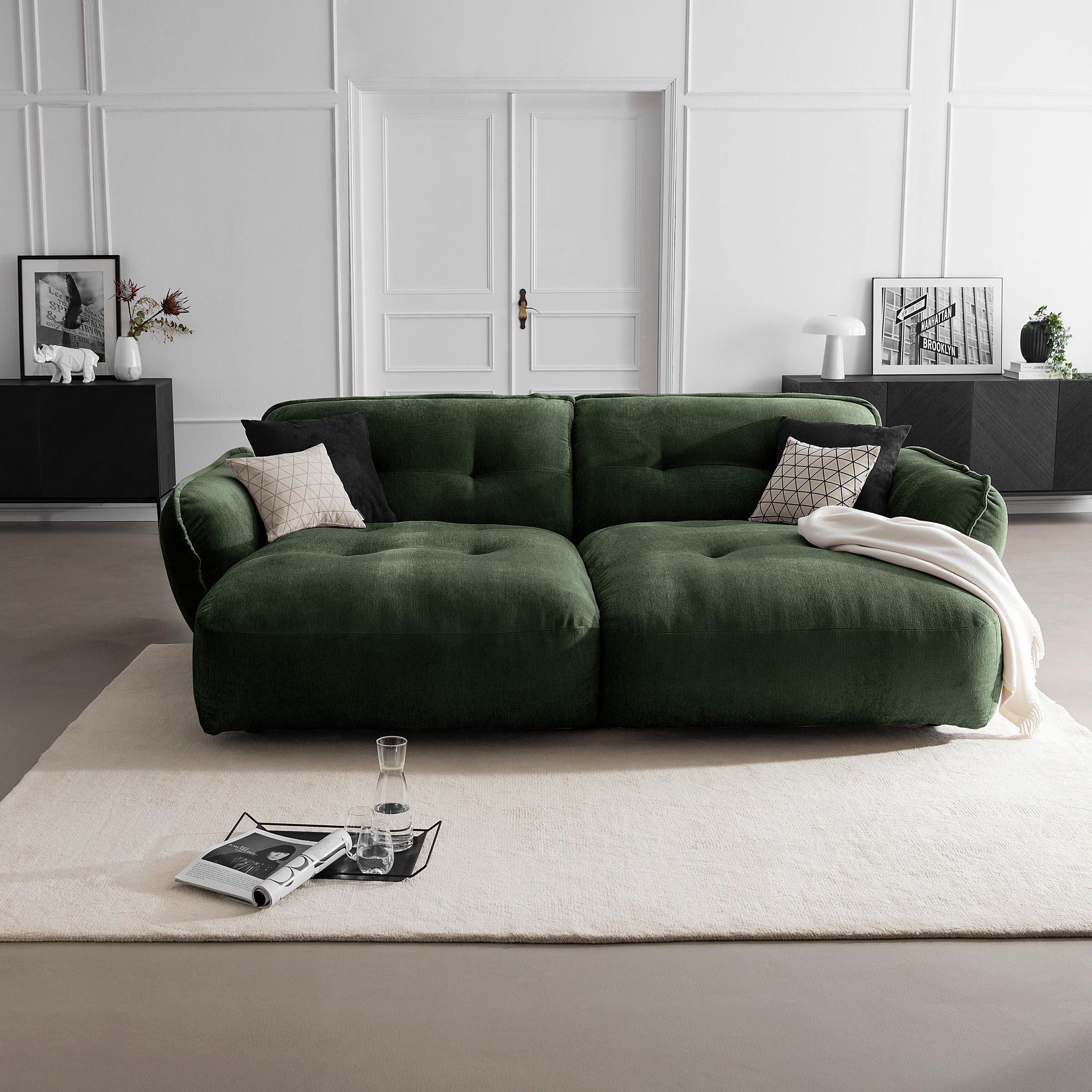 BIGSOFA in Chenille Dunkelgrün  - Dunkelgrün/Schwarz, MODERN, Kunststoff/Textil (285/87/184cm) - Trendmanufaktur