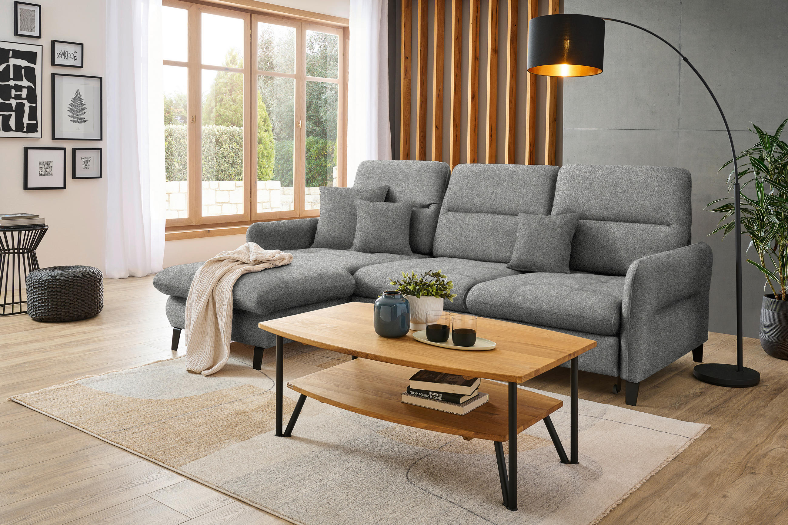 ECKSOFA Grau Flachgewebe  - Schwarz/Grau, KONVENTIONELL, Textil/Metall (190/254cm) - Livetastic