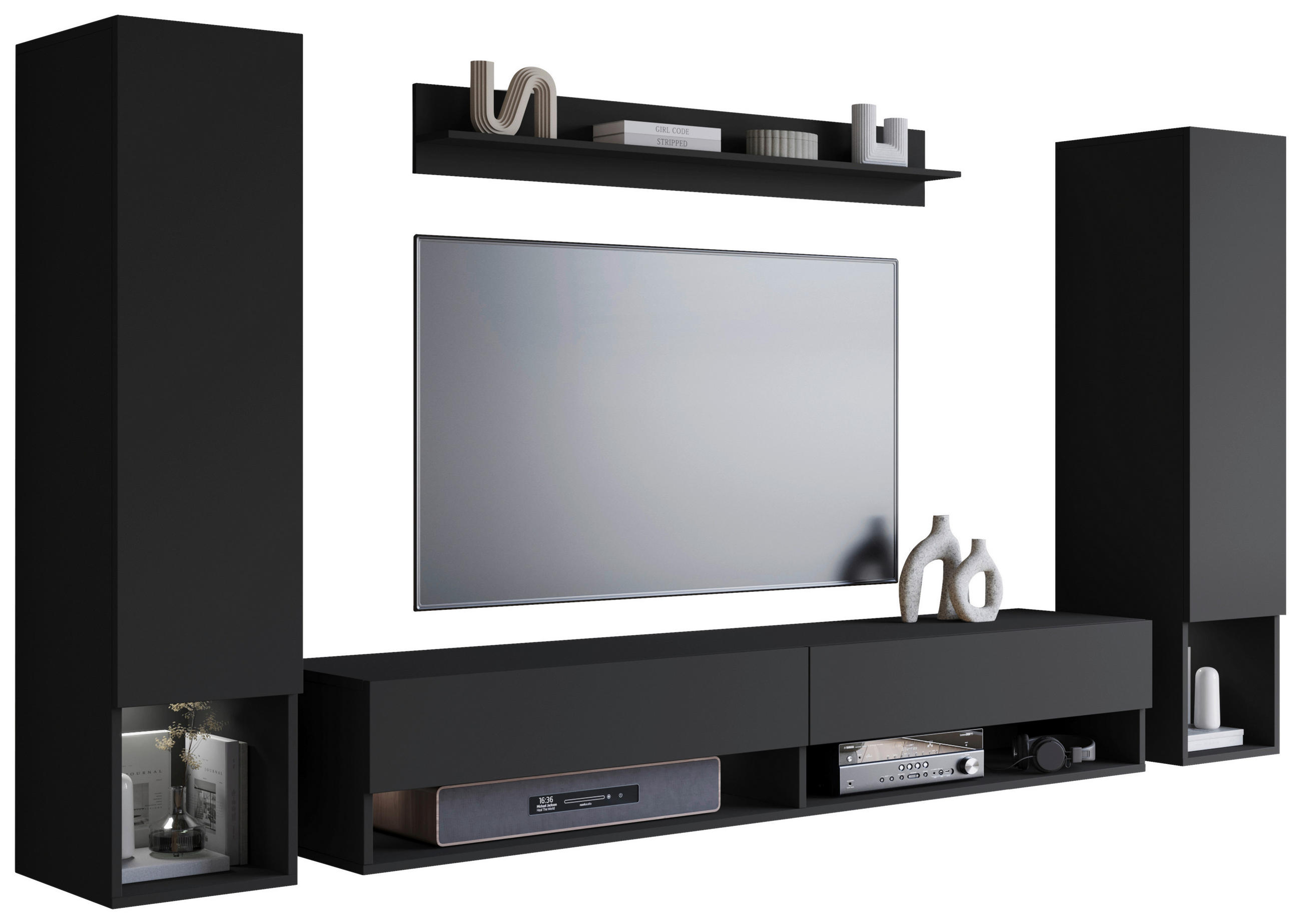 WOHNWAND Amadeo 4-teilig  in Schwarz   - Schwarz, Basics, Holzwerkstoff (245cm) - P & B