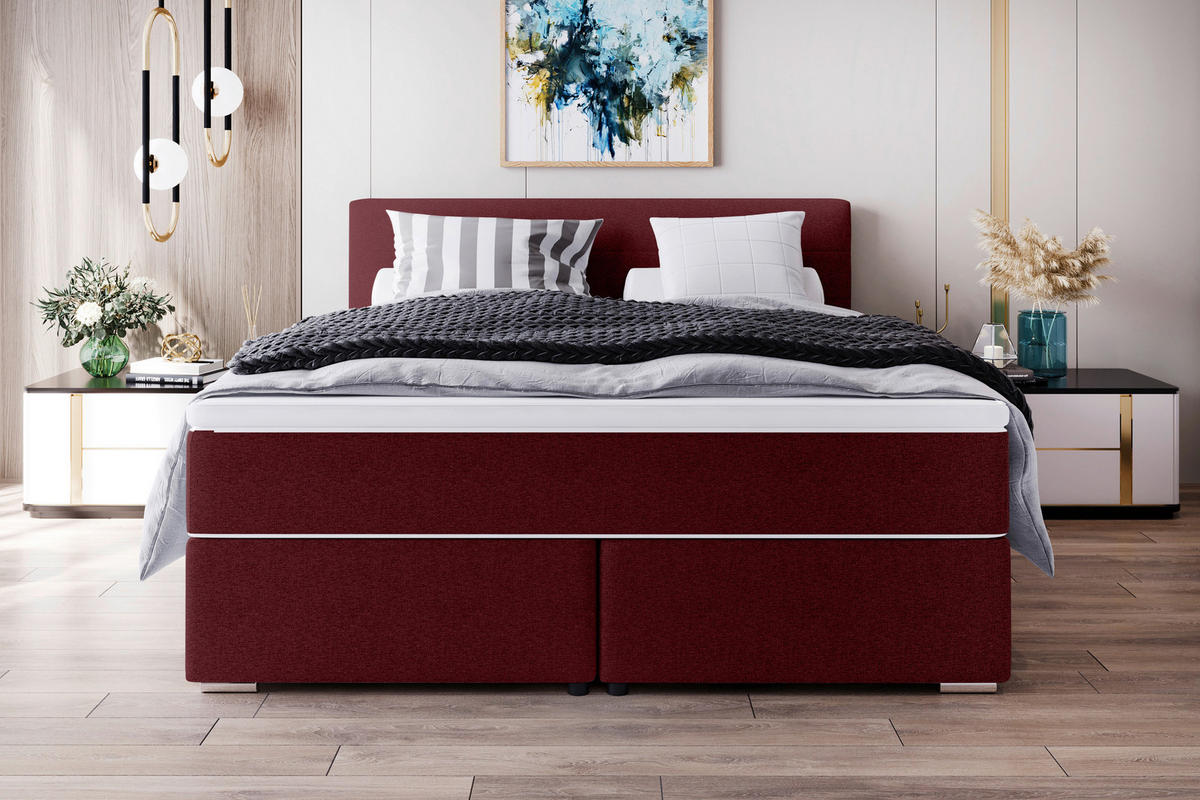 BOXSPRINGBETT 200/200 cm,  in Weinrot, Topper, Matratzen, H3 = fest  - Chromfarben/Weinrot, KONVENTIONELL, Kunststoff/Textil (200/200cm) - Boxxx