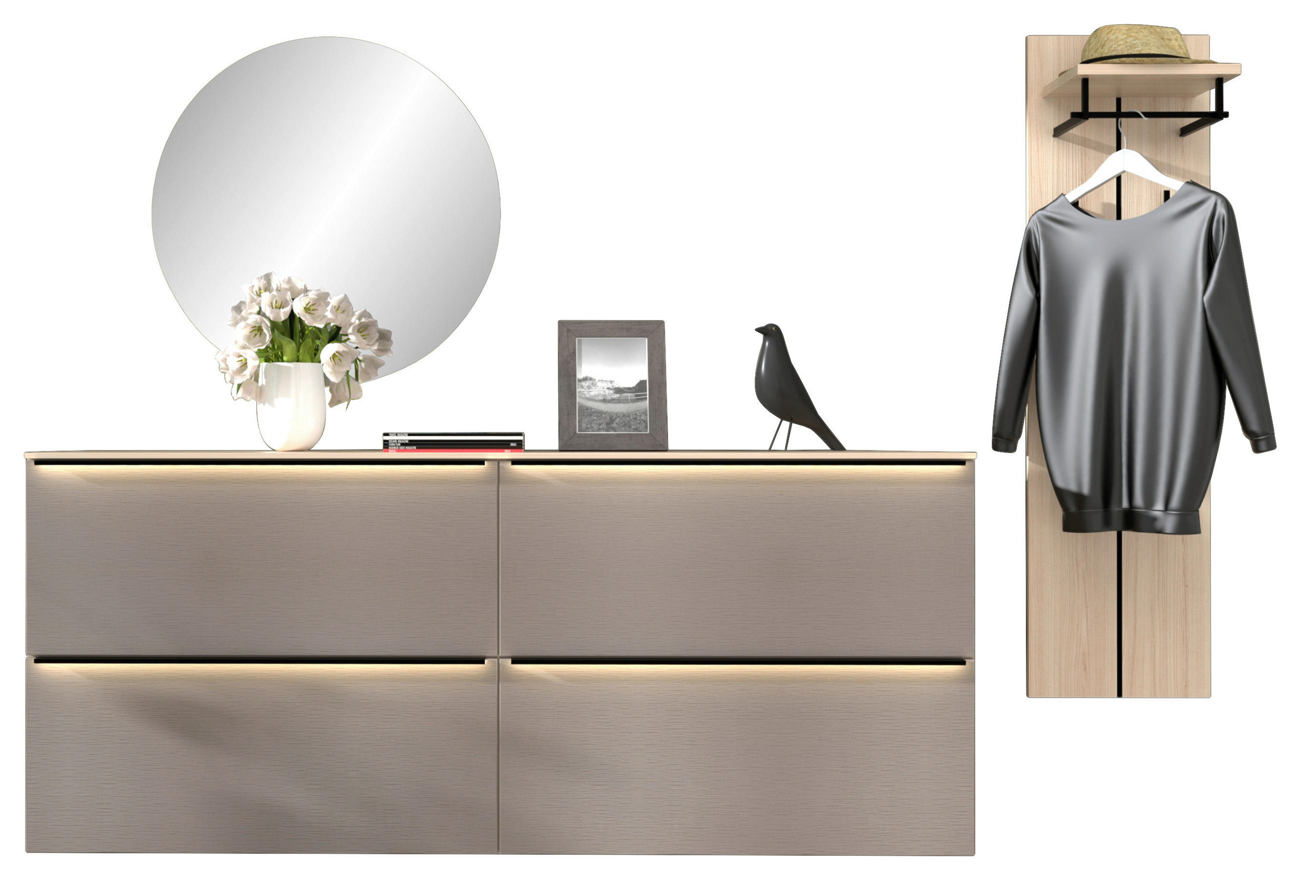 GARDEROBE 4-teilig  in 257/195/37 cm  - Eichefarben/Grau, Design, Glas/Holzwerkstoff (257/195/37cm) - Voleo