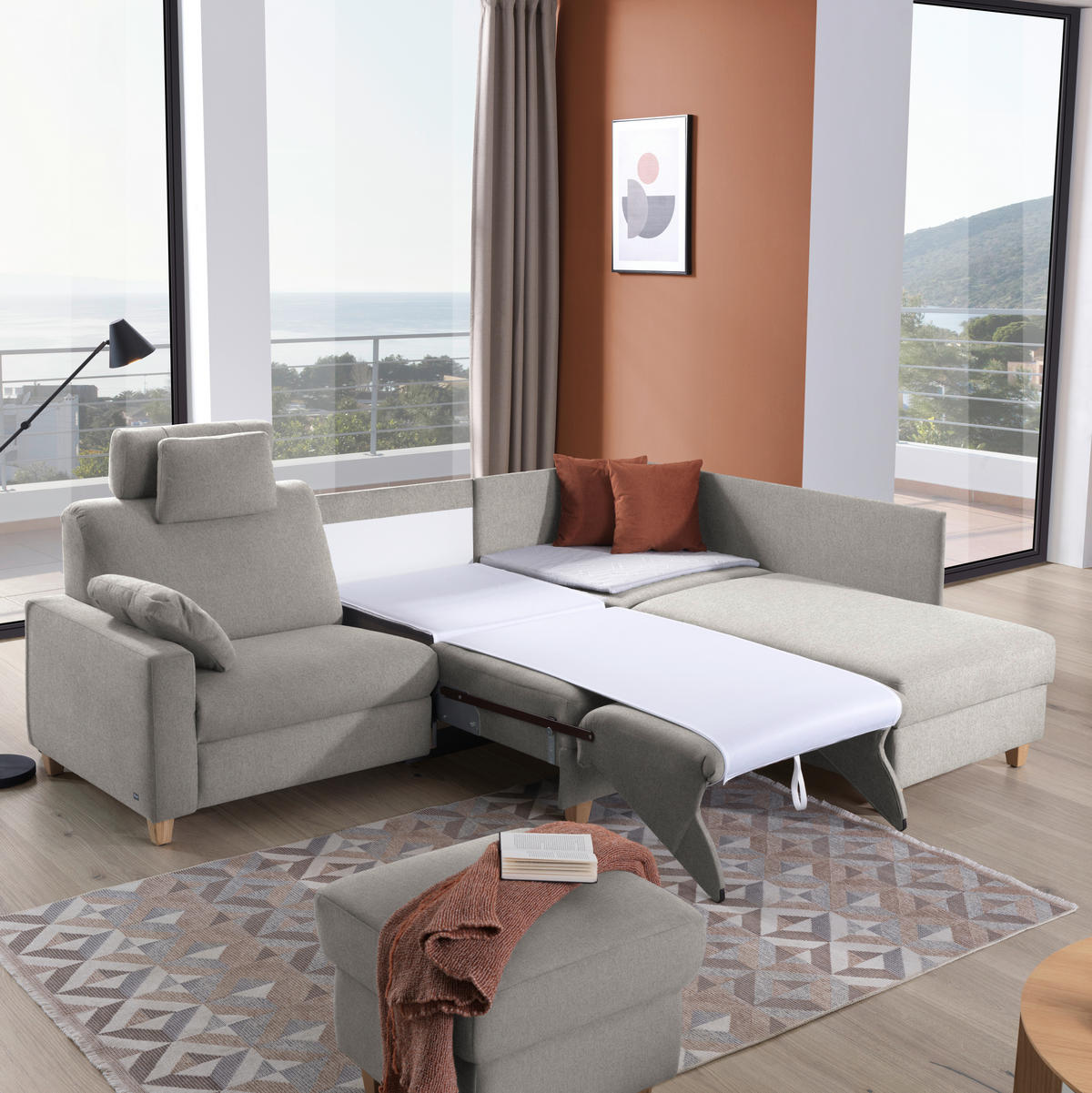 ECKSOFA in Flachgewebe Ecru  261/203 cm  - Ecru/Eichefarben, KONVENTIONELL, Holz/Textil (261/203cm) - Sedda