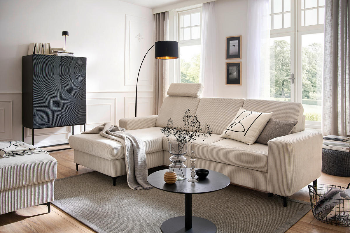 ECKSOFA in Cord Weiss, Perlmutt  - Weiss/Perlmutt, Konventionell, Textil/Metall (167/247cm) - Stylife