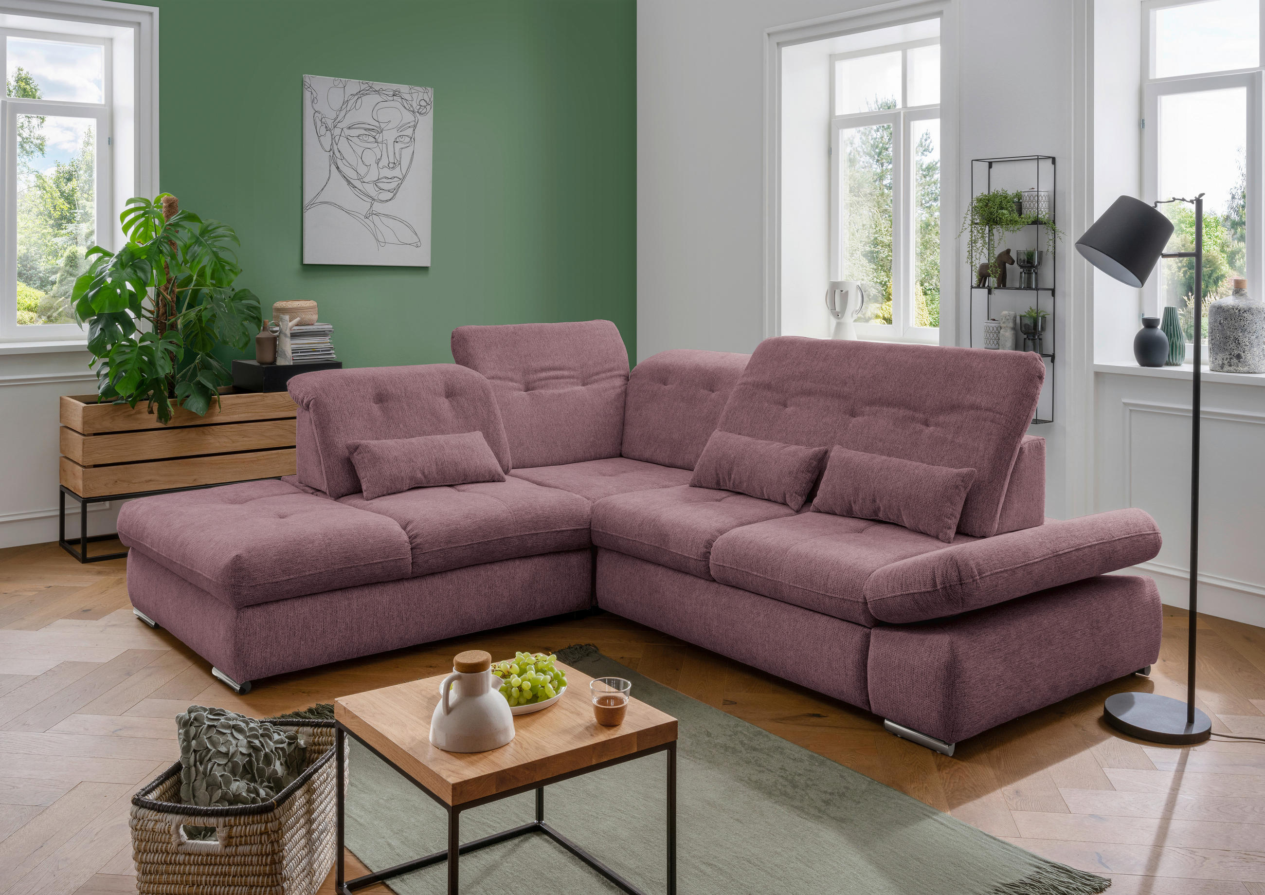 ECKSOFA Brombeere Chenille  - Chromfarben/Brombeere, Design, Textil/Metall (254/280cm) - Livetastic