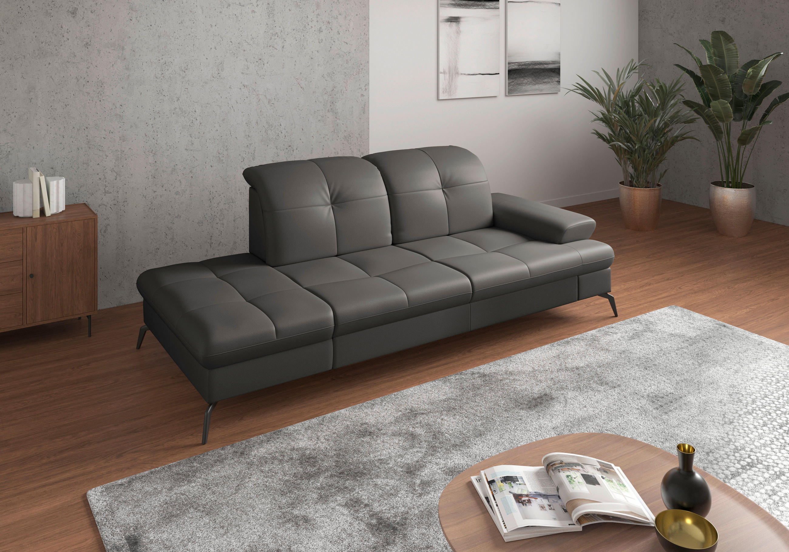 RÉCAMIERE Anthrazit Echtleder  - Anthrazit/Schwarz, KONVENTIONELL, Leder/Metall (231/90/122cm) - Sit & More