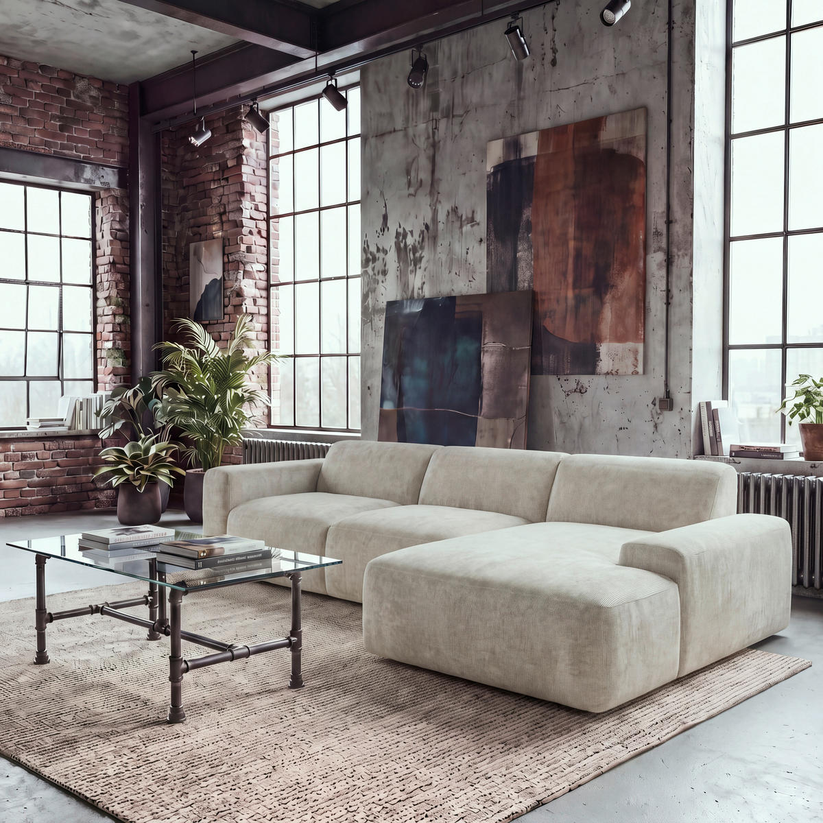 ECKSOFA HANNAH Beige Cord  - Beige/Schwarz, Design, Kunststoff/Textil (343/170cm) - MID.YOU