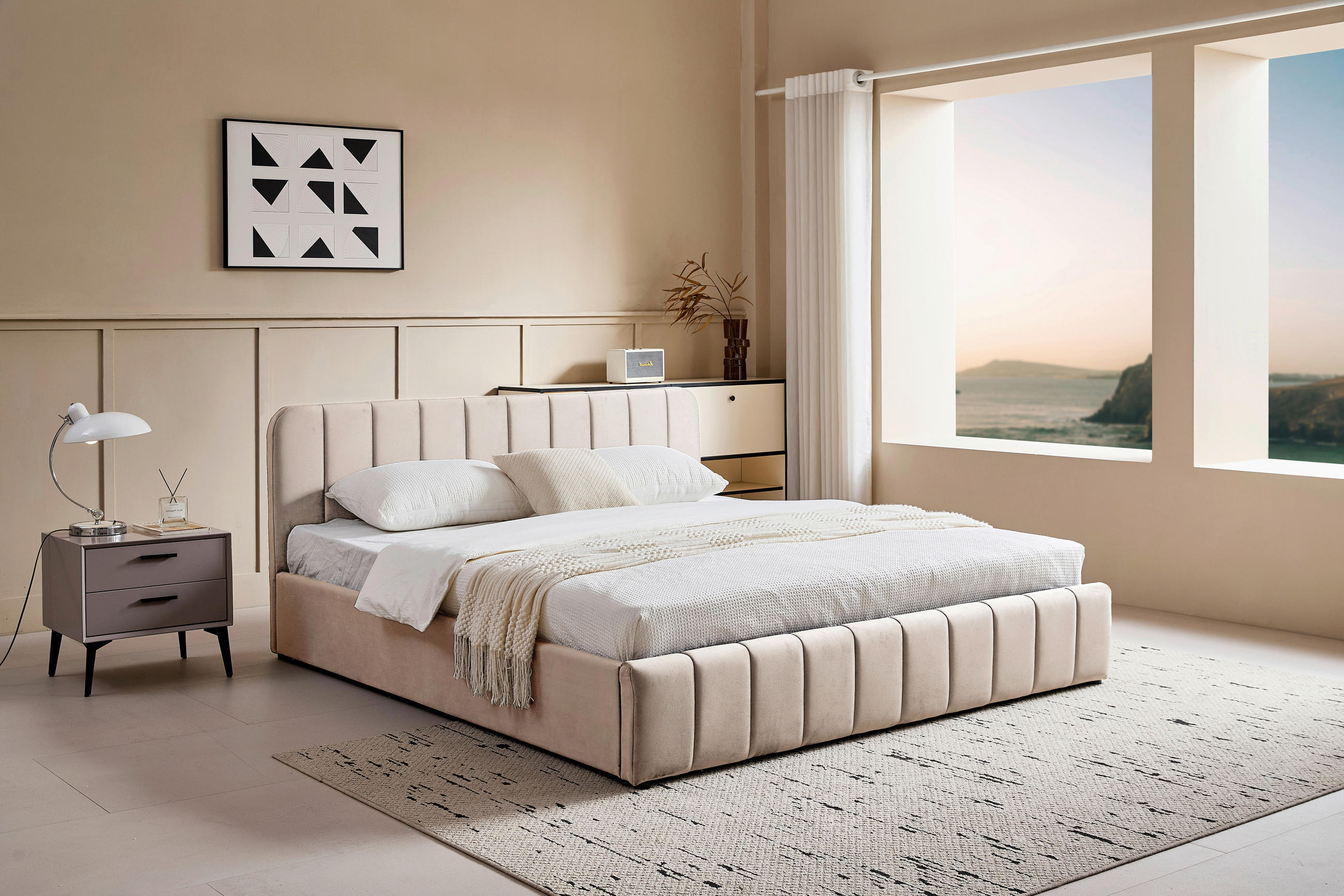 POLSTERBETT 140/200 cm, inkl. gepolstertes Kopfteil, Lattenrost, Bettkasten,  in Beige  - Beige/Schwarz, Design, Holz/Kunststoff (140/200cm) - Boxxx