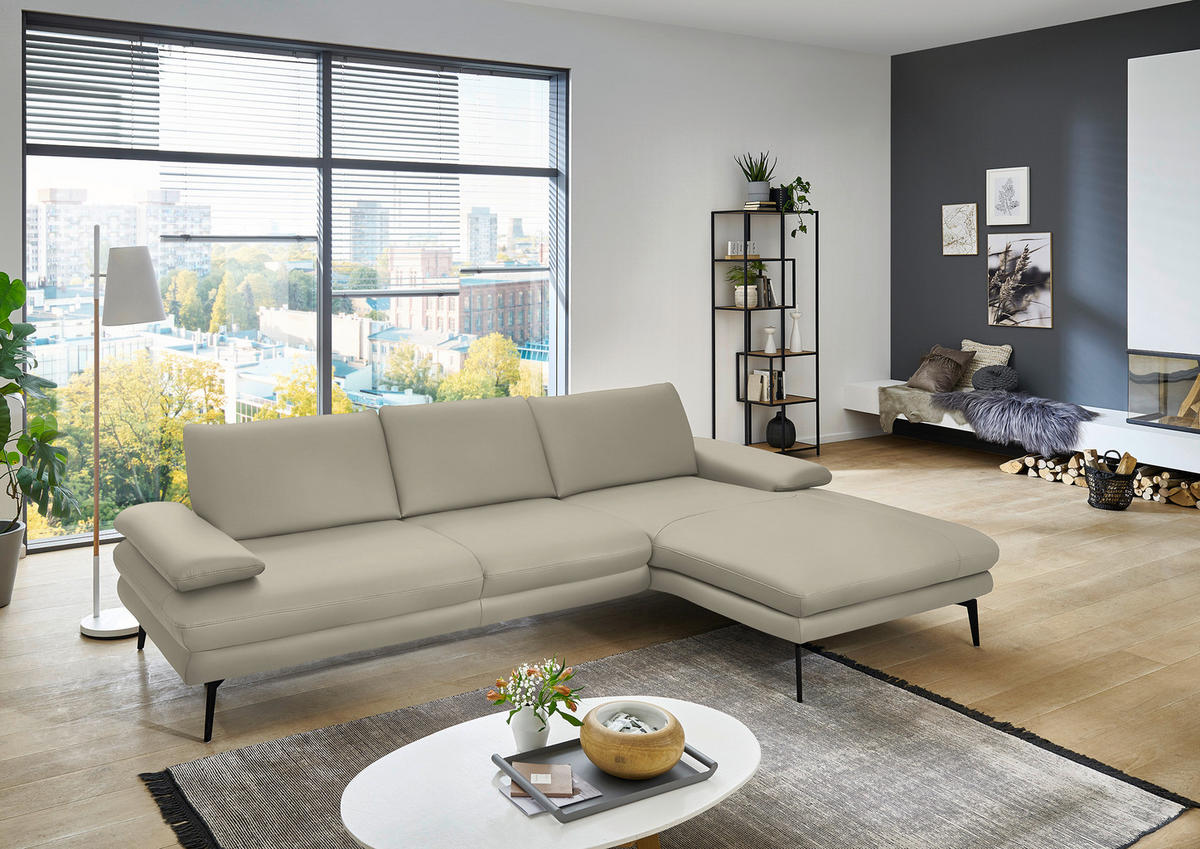 ECKSOFA in Echtleder Ecru  - Ecru/Schwarz, Design, Leder/Metall (310/180cm) - Dieter Knoll
