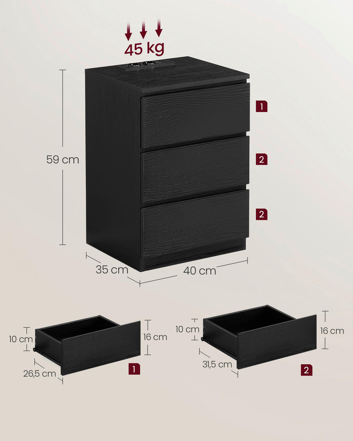 SADA NOČNÝCH STOLÍKOV, čierna, 40/59/35 cm - čierna, Modern, kompozitné drevo (40/59/35cm) - MID.YOU